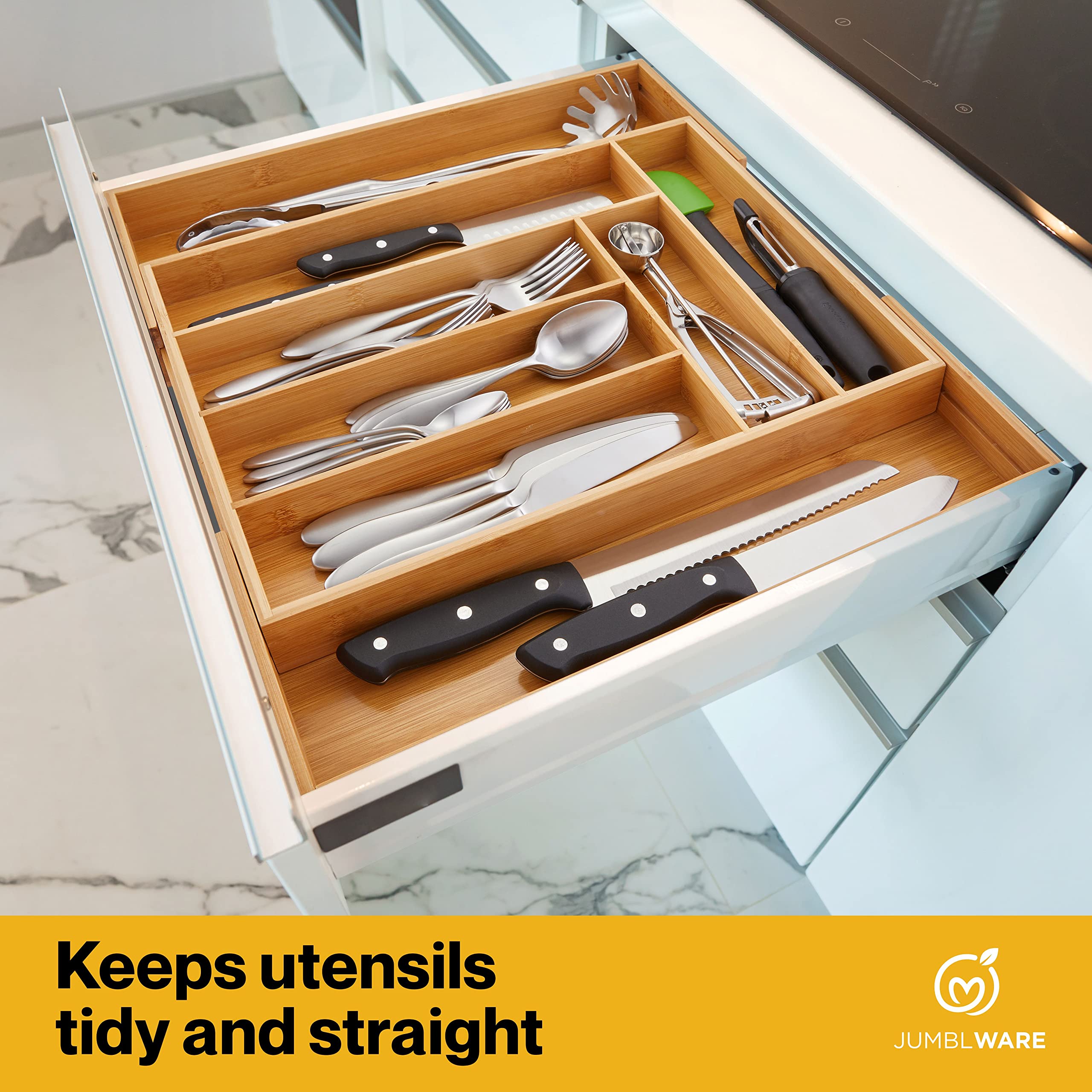 Jumblware Bamboo Expandable Drawer Organizer. Wooden Storage Tray With Dividers For Silverware, Kitchen Utensils, Spices, K Cups