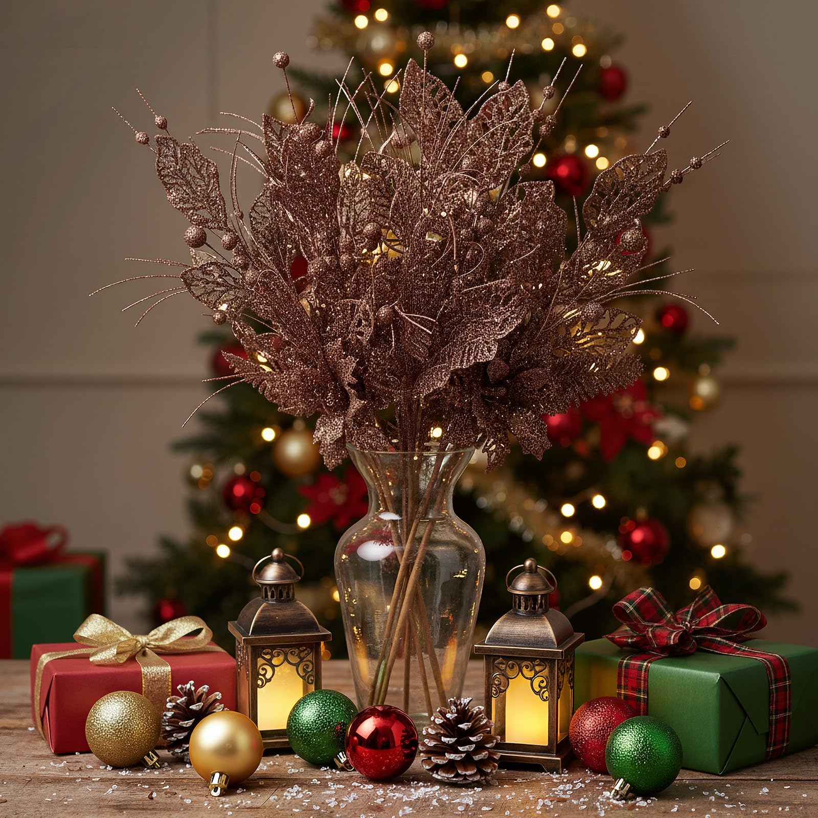 Yunlly 24 Pcsbrown Christmas Tree Picks and Sprays Glitter Berry Stem Branches Artificial Christmas Picks Twigs Xmas Tree Orname