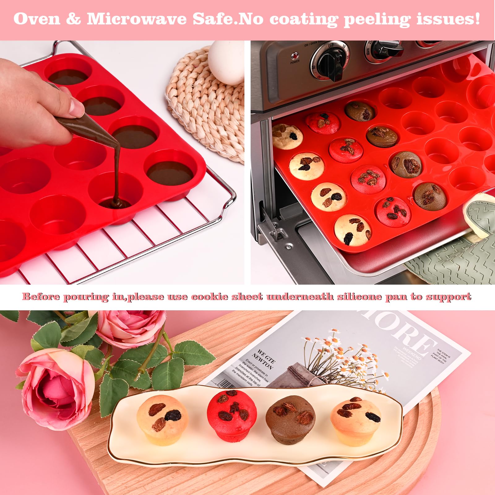 Sakolla Silicone Muffin Pan - 24-Cup Silicone Egg Bite Molds - Non-Stick Silicone Molds For Making Custard, Chocolate, Cupcakes,