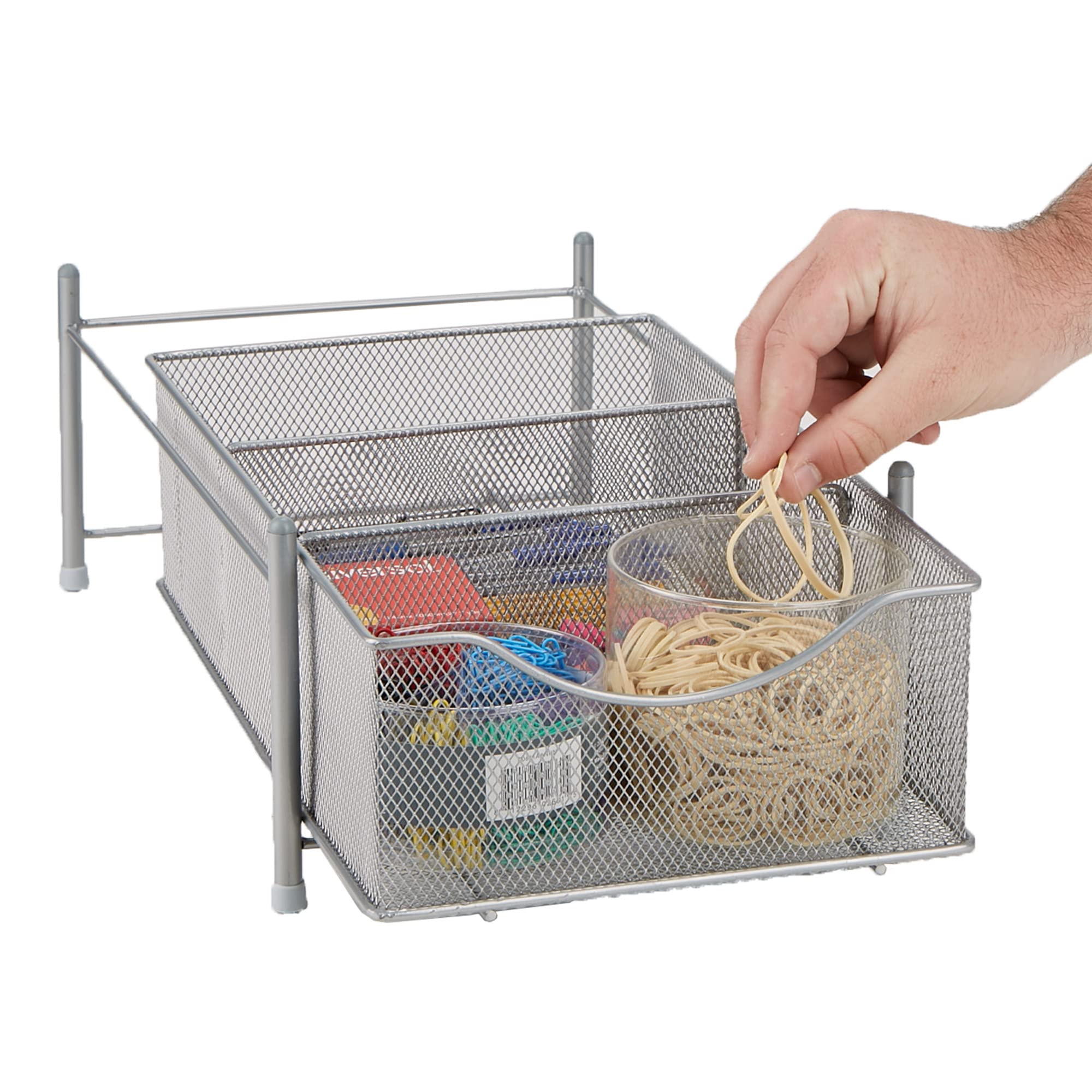 Mind Reader Accessory Organizer, Supply Storage, Makeup, Crafts, Office, Kitchen, Metal Mesh, 15.5''L X 9.38''W X 5.4''H, Silver