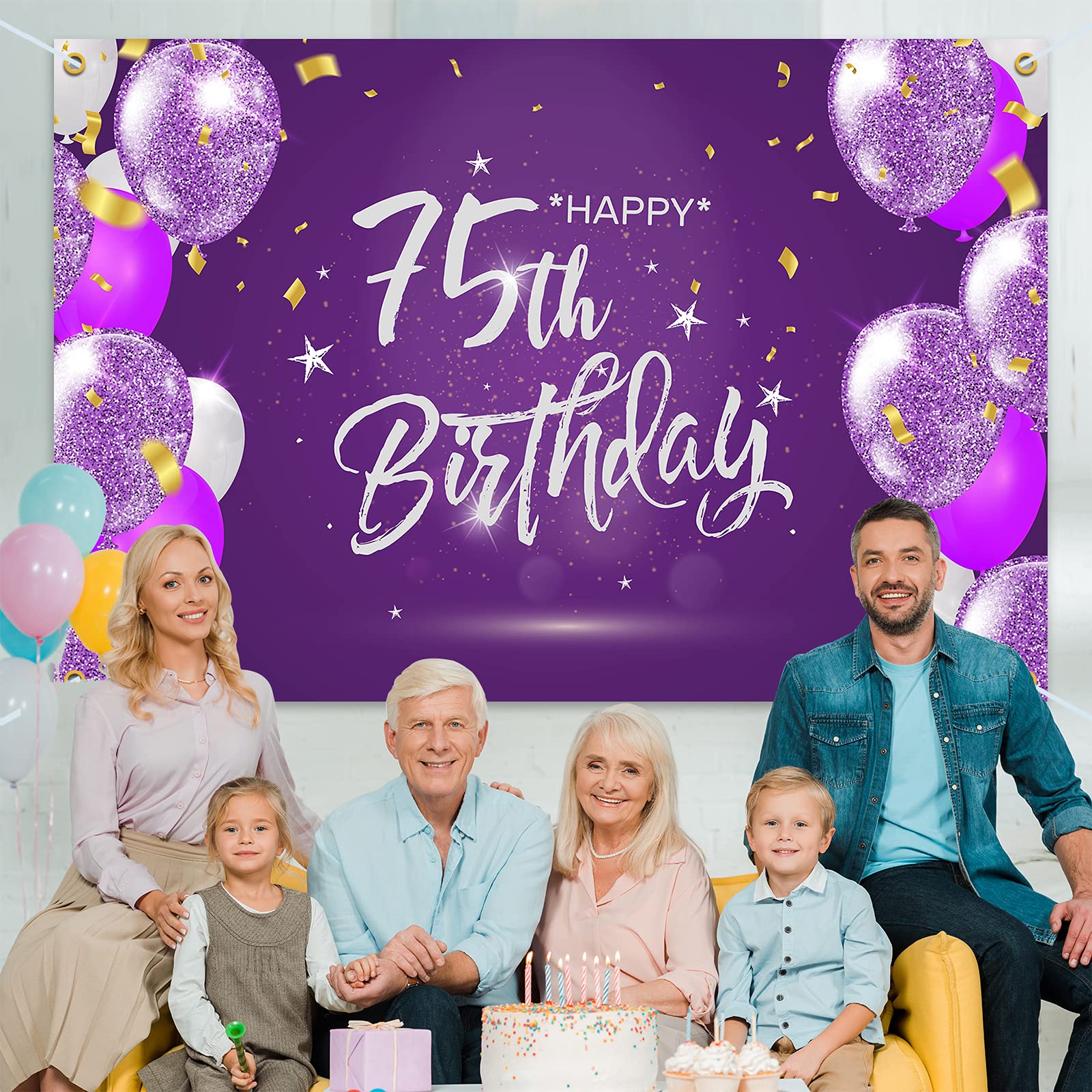Hamigar 6X4Ft Happy 75Th Birthday Banner Backdrop - 75 Years Old Birthday Decorations Party Supplies For Women - Purple