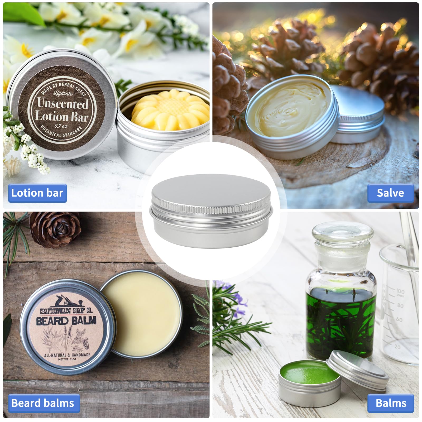 Moretoes 60 Pack Tins, 2Oz Metal Round Tins, Aluminum Tin Cans Containers With Screw Lid For Lotion Bars, Balms, Salve, Spices O