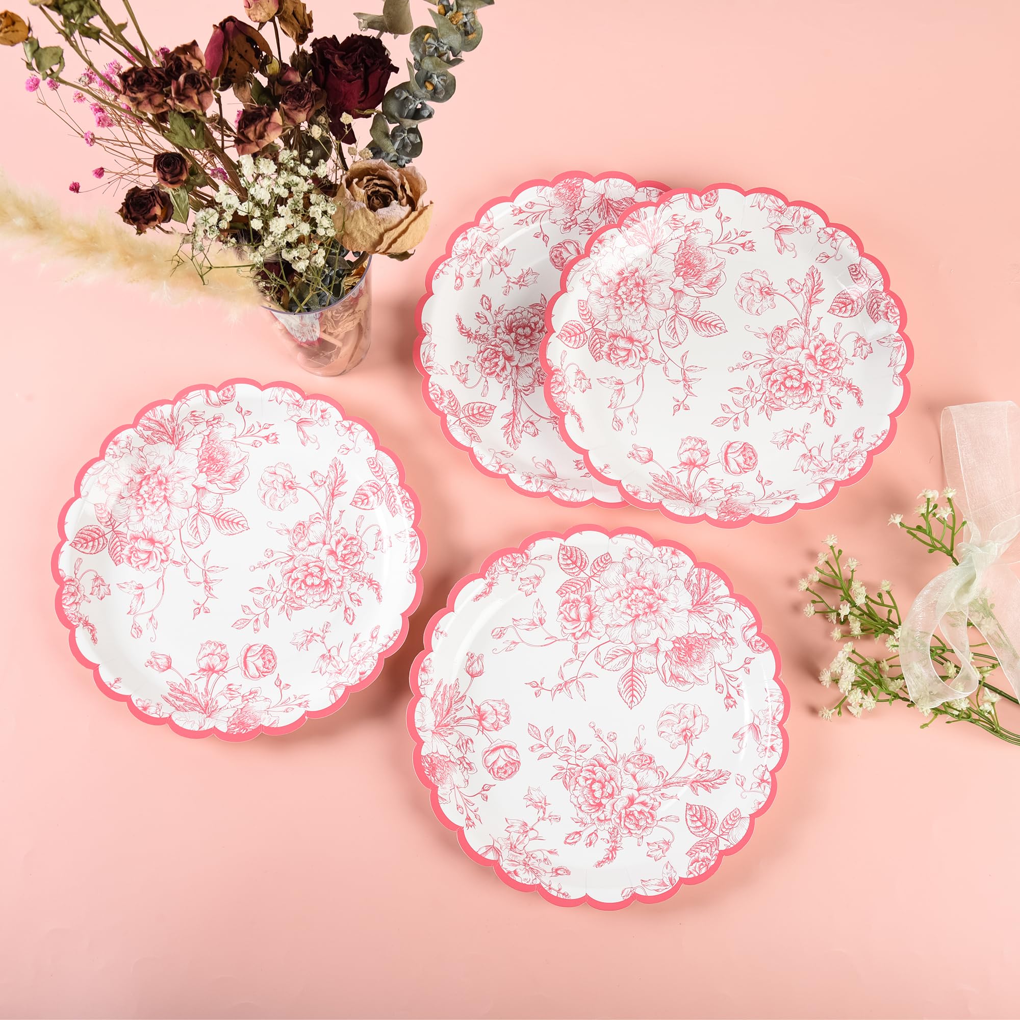 Elyxio Pink Floral Party Plates Floral Leaf Scalloped Disposable Paper Plates Pink And White Toile 9'' Dinner Plates For Valenti