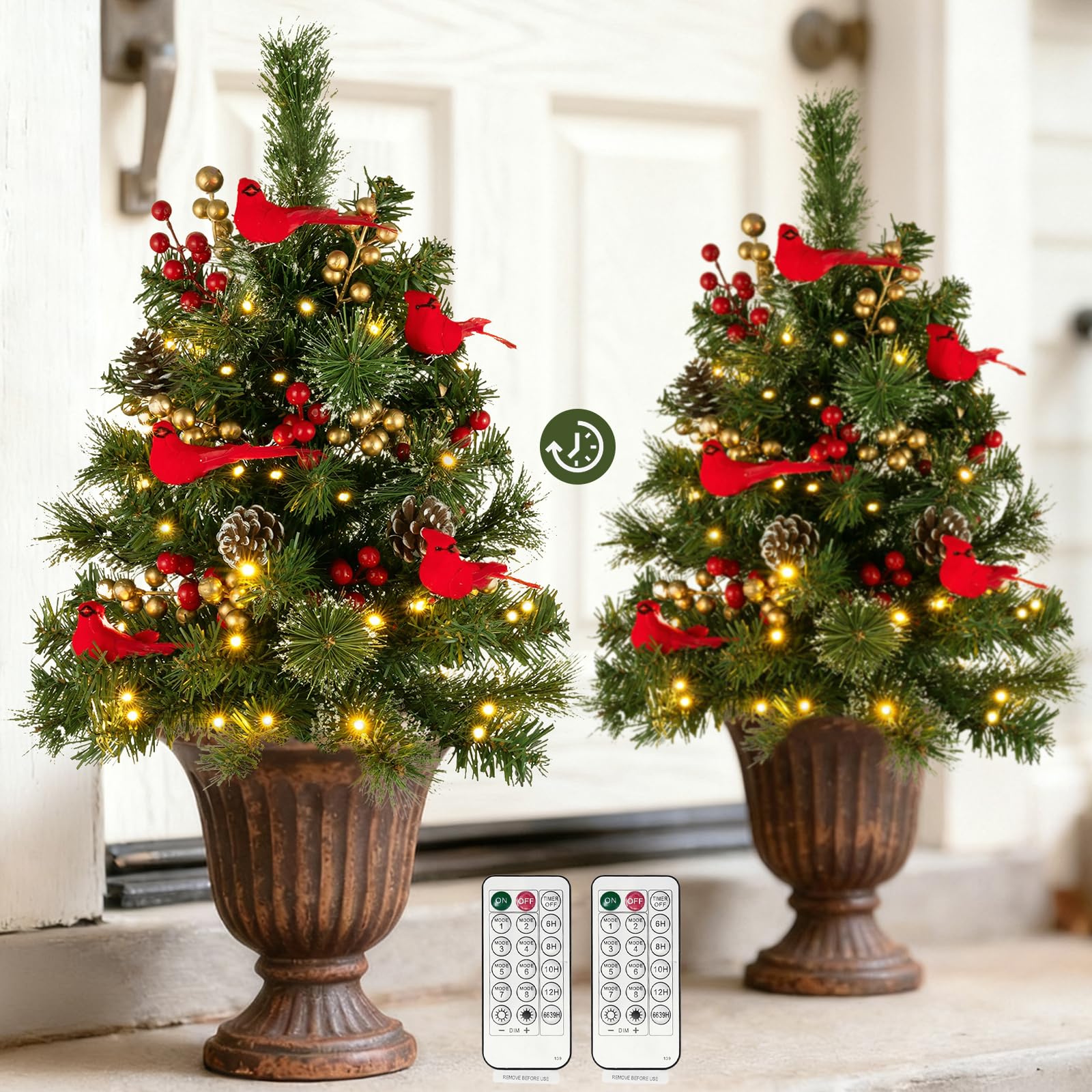 BLOSMON Outdoor Christmas Tree for Porch: 2 Sets 24 Inch Timer Prelit Planter Bushes with 10 Red Cardinals - Remote 60 Lights 8 