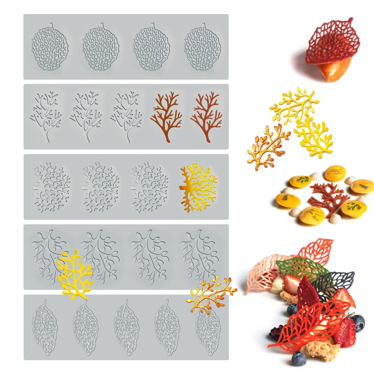 5Pcs Leaf Molds Silicone Baking Molds Fondant Molds, Hollow 3D Coral Branch Leaf Tuile Lace Silicone Cake Molds, Polymer Clay Mo