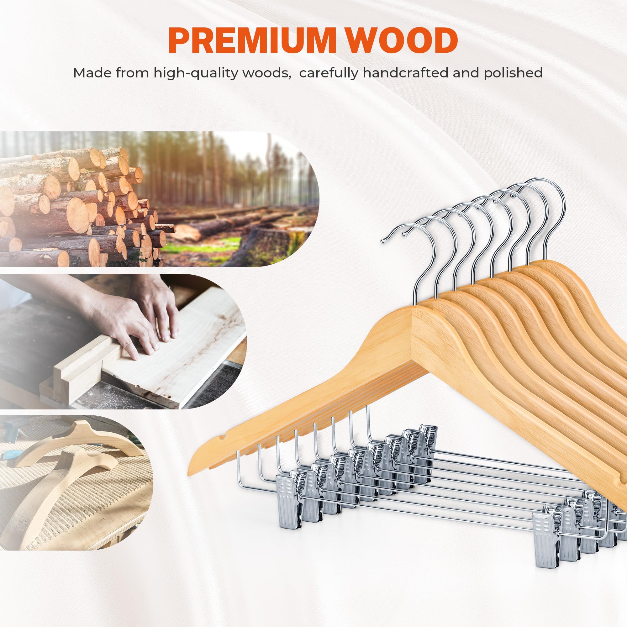 House Day Wooden Hangers With Clips 24 Pack,Wooden Suit Hangers Skirt Hangers Solid Wood Pants Hangers Natural Smooth Finish Woo