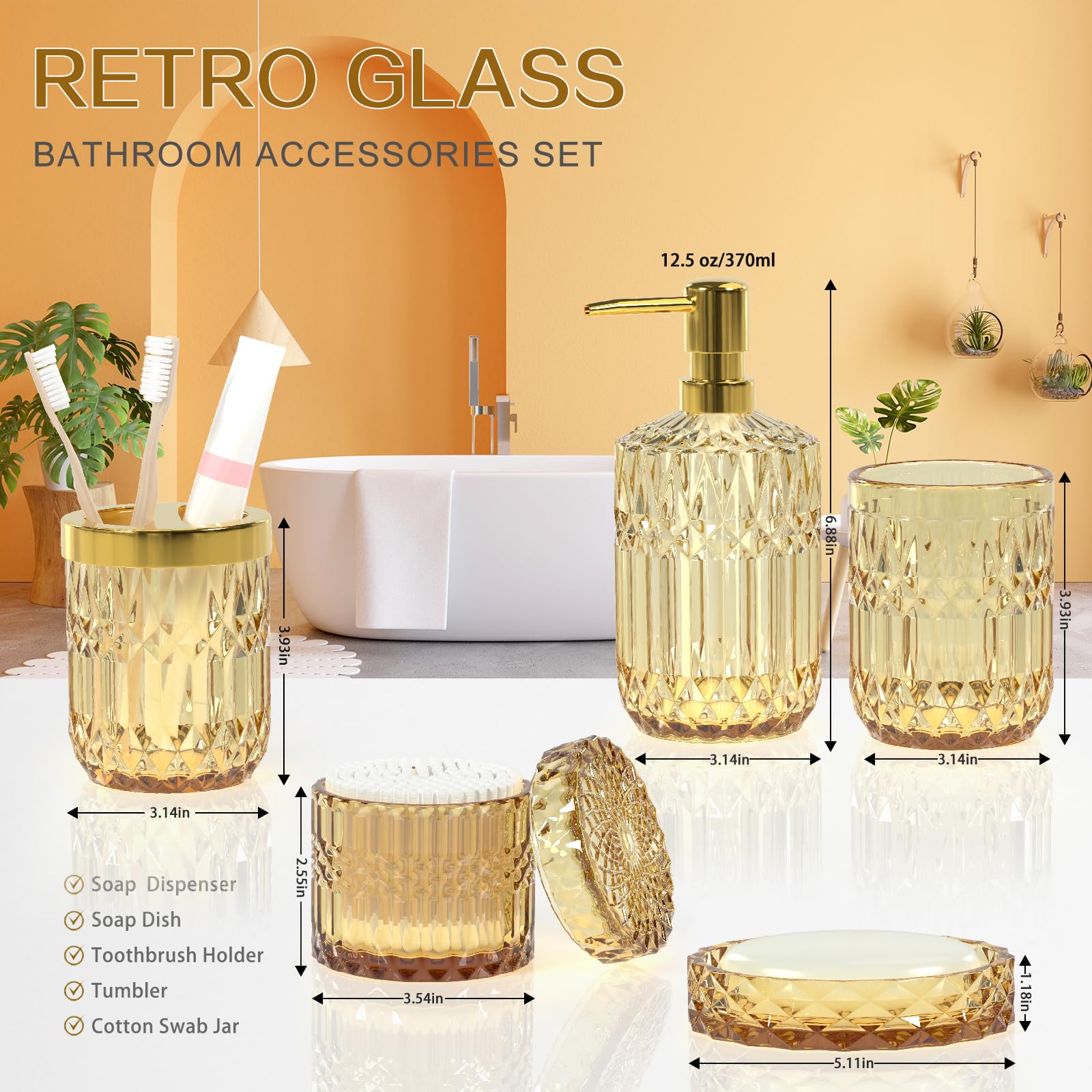 Brown Bathroom Accessory Set 5Pcs - Amber Glass Bathroom Accessories With Toothbrush Holder Set, Soap Dispenser, Soap Dish, Tumb