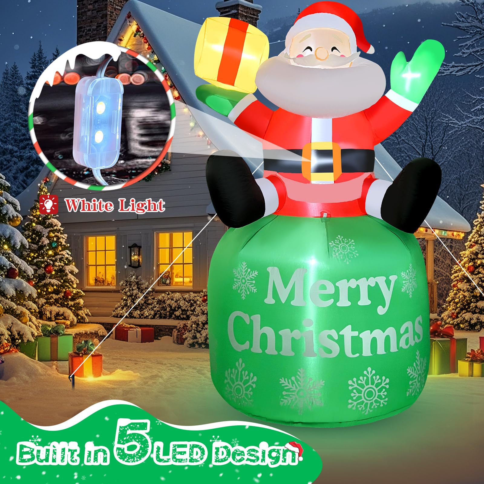 GIGLIM 8FT Inflatable Santa Claus Outdoor Decoration with 5 LEDs, Green & Red, Model CQ-SDLR-US-F, Includes Storage Bag