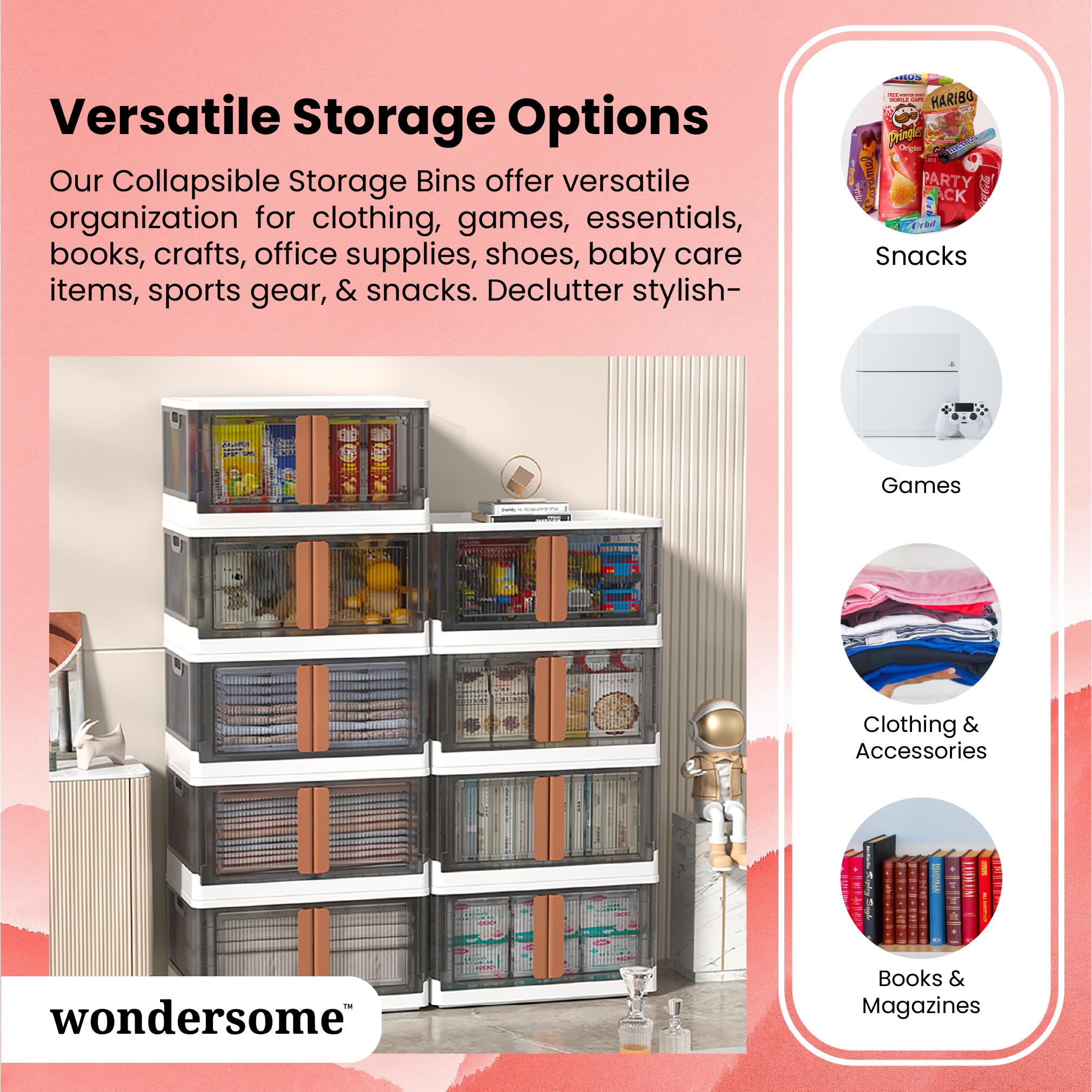 Wondersome Collapsible Storage Bins - 3-Pack Of Large 8.5-Gallon/33.8-Quart Stackable Wheeled Clothing, Shoe, Bedroom, Office Or