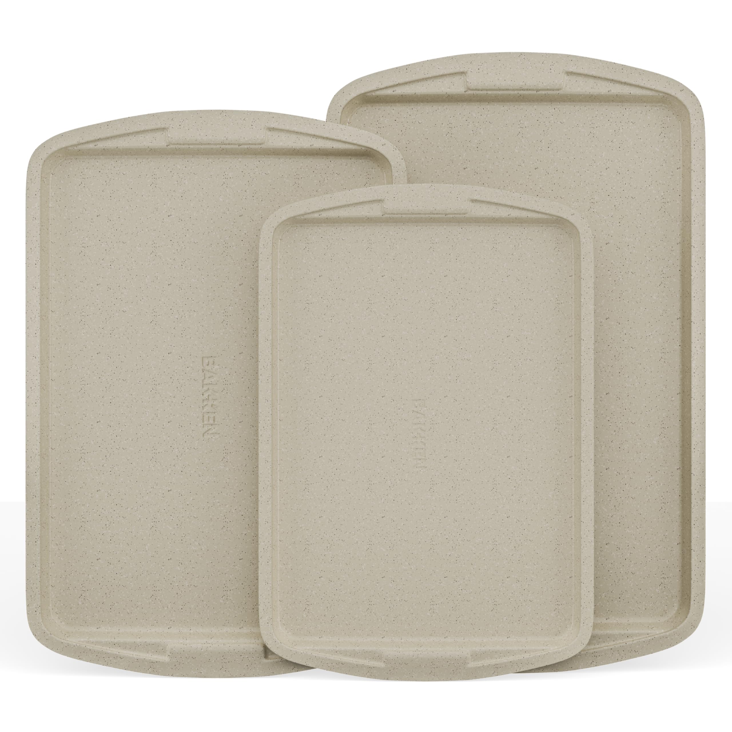 Bakken Swiss Cookie Sheet 3 Piece Set - Non-Stick, Stackable Baking Pans, White marble Deluxe Ceramic Coating - Dishwasher Safe 