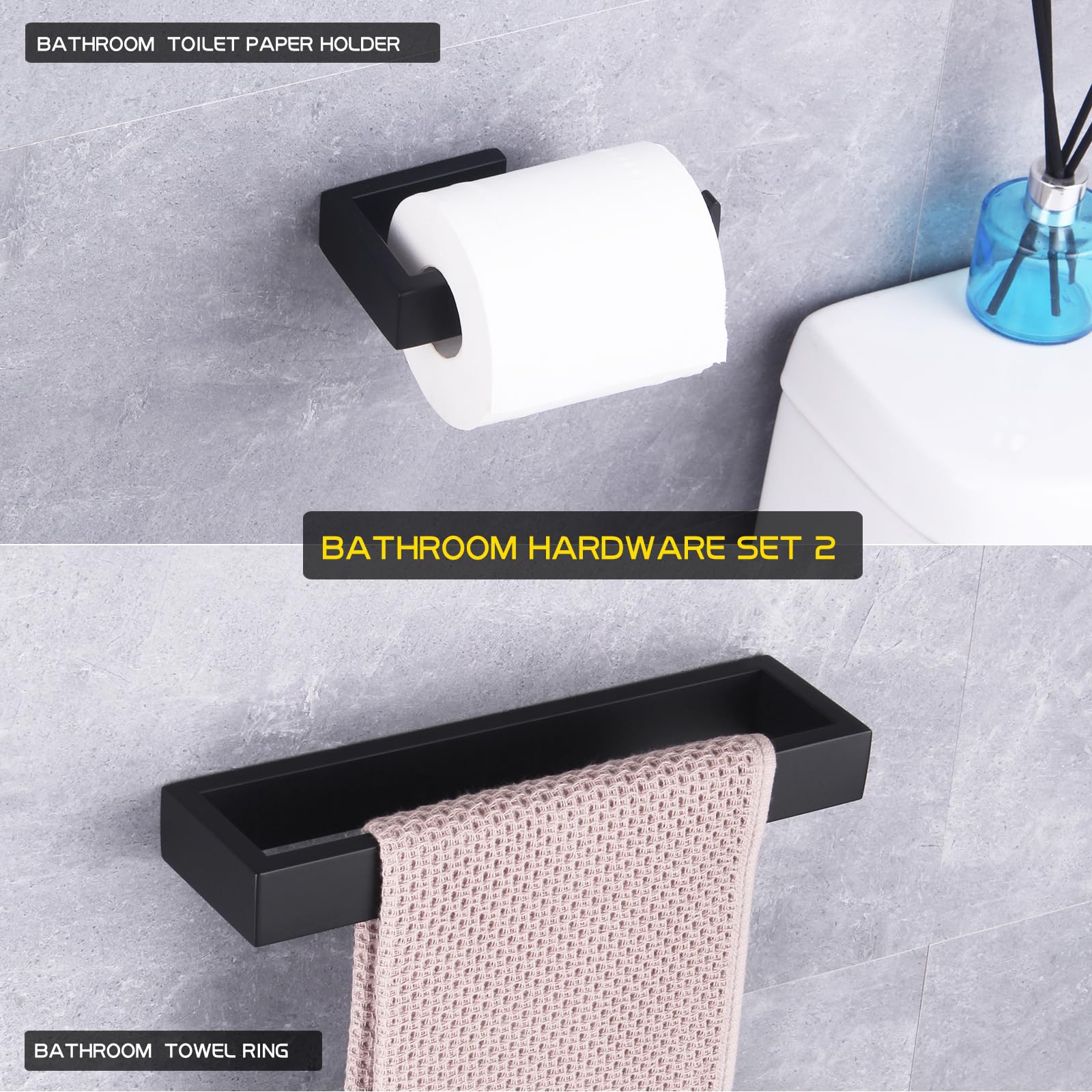 GERZWY Bathroom Accessory 2-Piece Set SUS 304 Stainless Steel Toilet Paper Holder Towel Ring Wall Mount  Matte Black HG1708-2BK