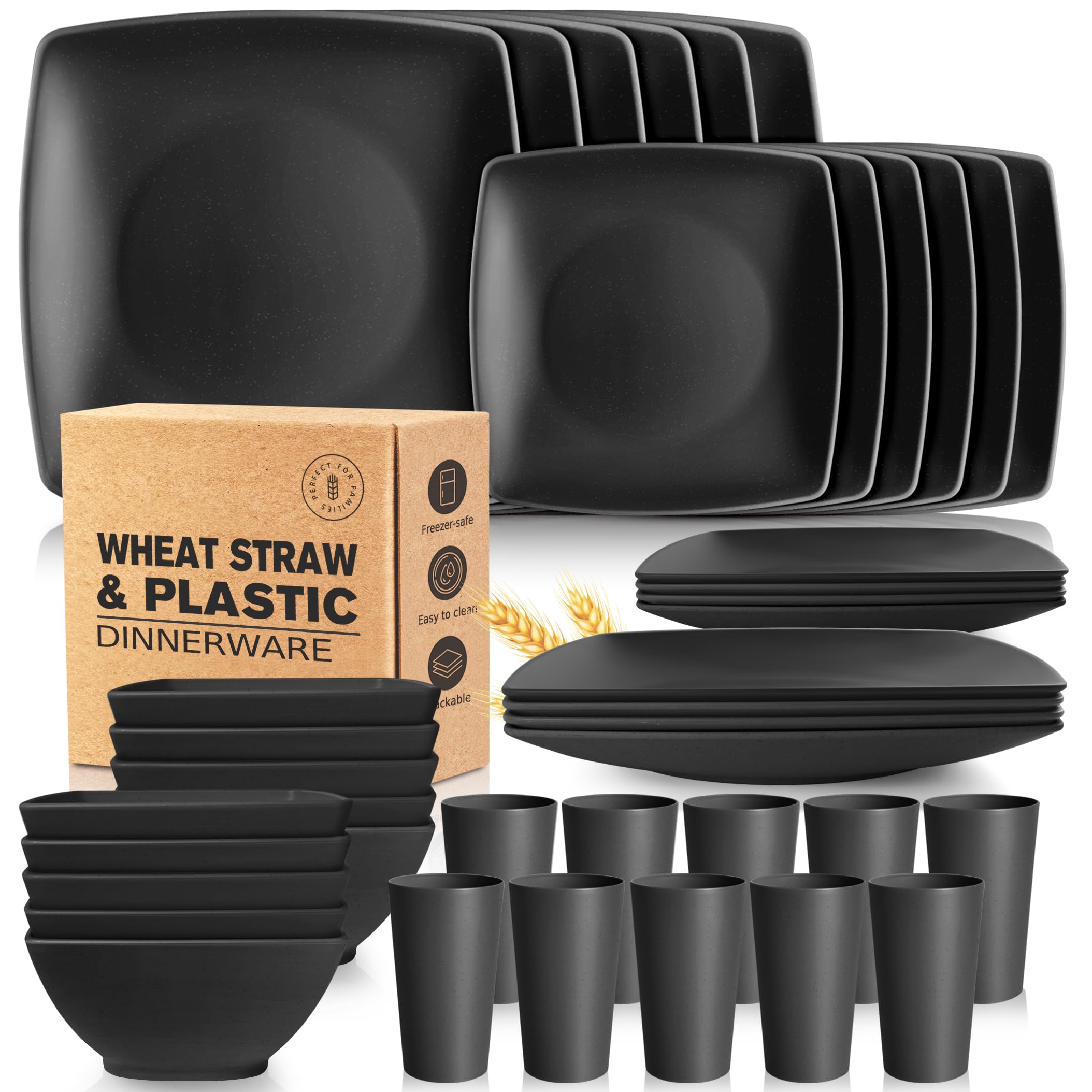 Teivio 40-piece Plastic Wheat Straw Square Dinnerware Set,Service for10, Unbreakable Dinner Plates, Salad Plates, Snack Bowls, T