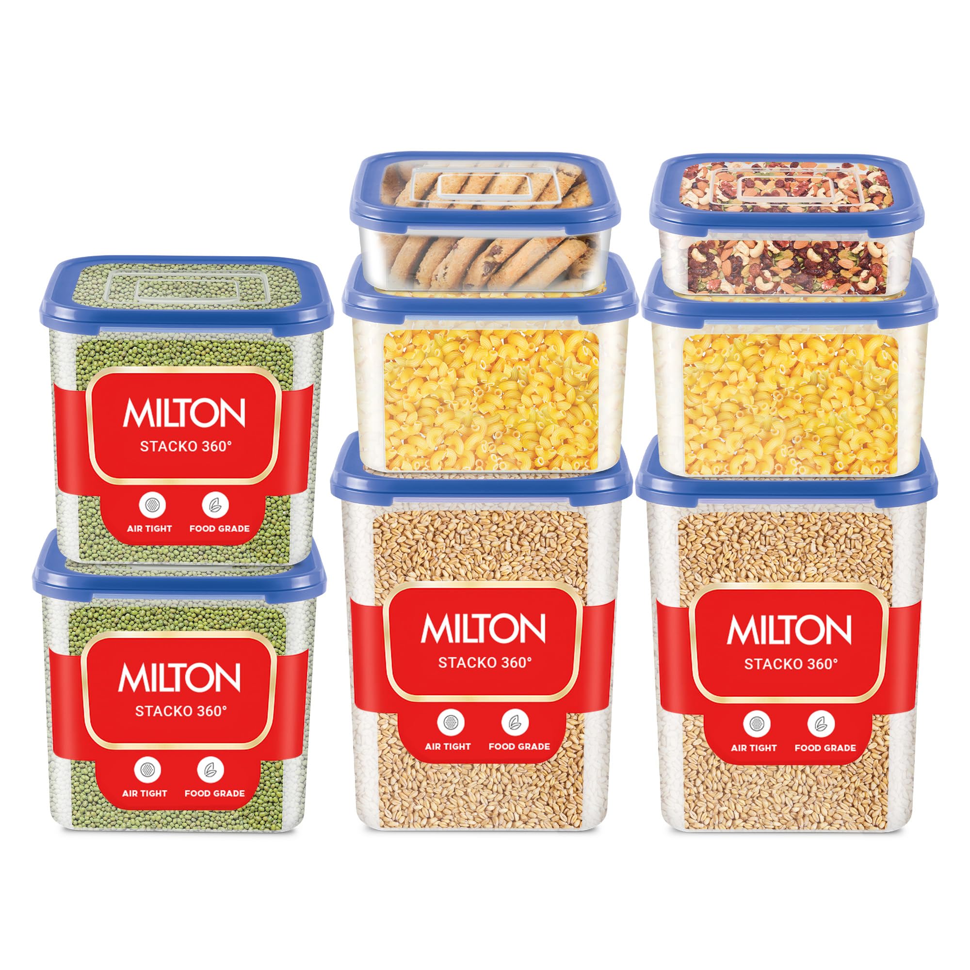 Milton Stacko Square 360 Air Tight Modular Plastic Container(6/7/8/9) Set Of 8(2 X 1.26, 2 X 2.66, 2 X 4.13, 2 X 5.75) Litres,Id