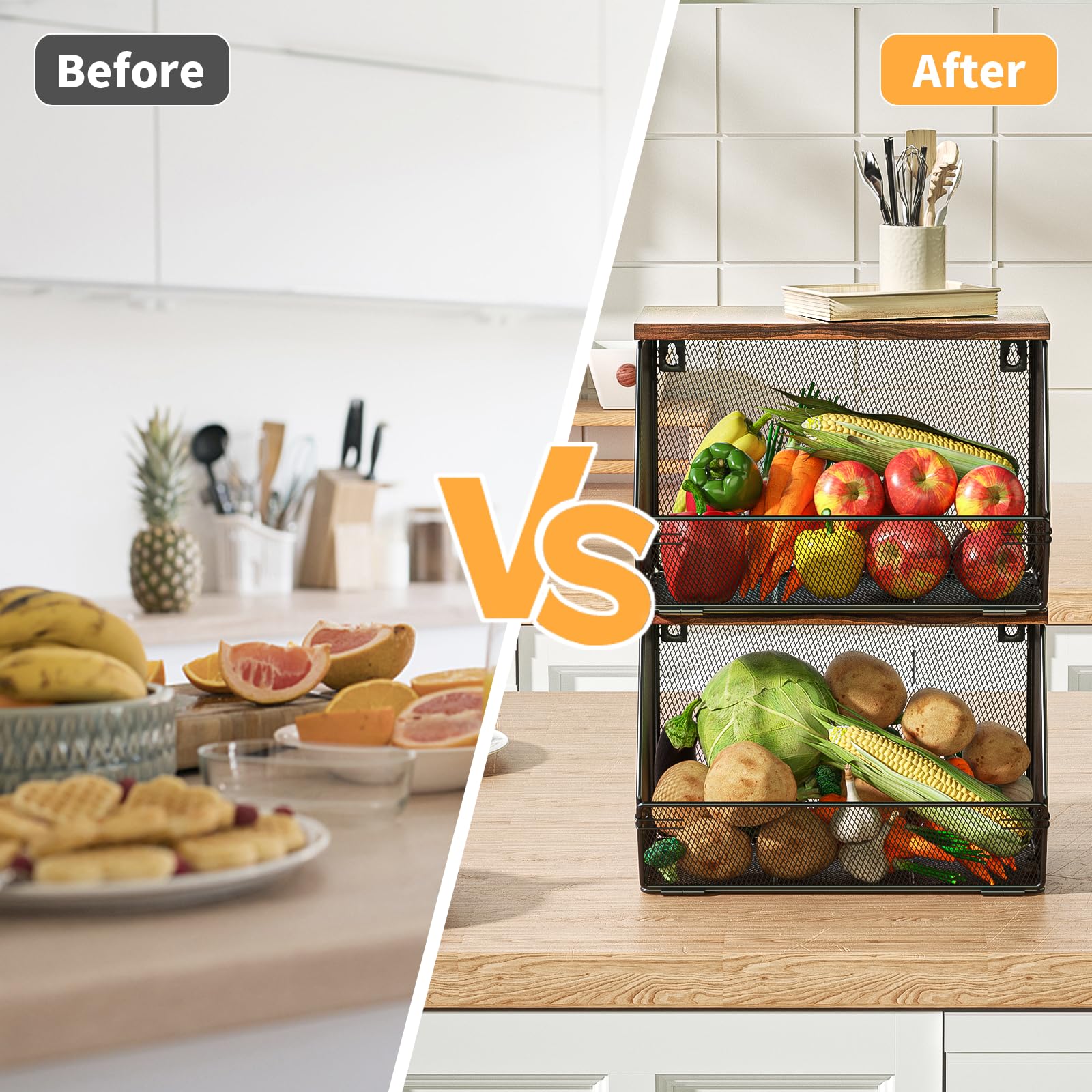 Hanging Fruit Basket Wire Baskets With Wood Lid, 2 Pack Stackable Kitchen Counter Organizer Countertop Onion And Potato Storage,