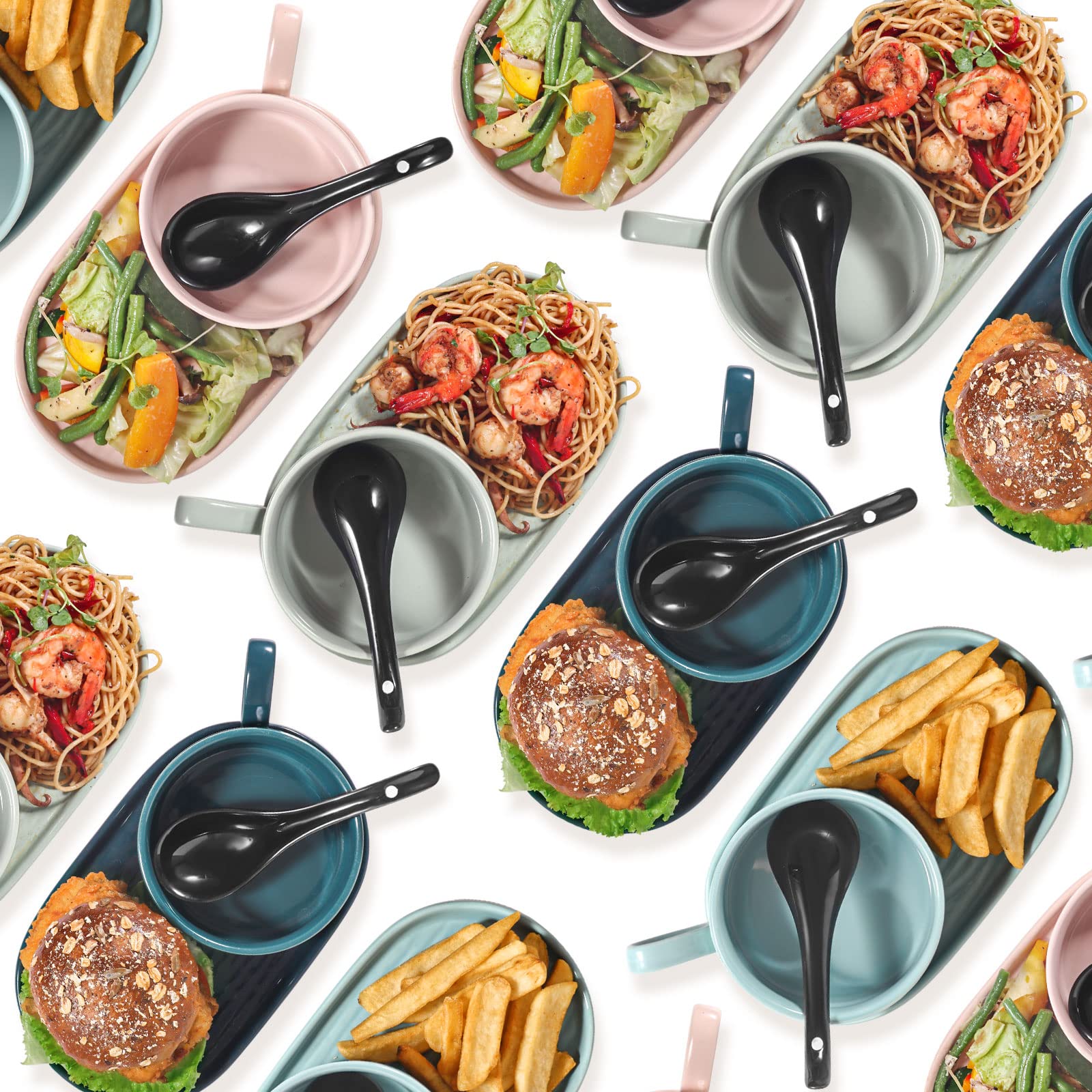 Artena 6.75-Inch Asian Soup Spoon Set Of 6, Ultra-Fine Porcelain Japanese Soup Spoon, Black Ramen Spoons For Pho Noodles Miso, C