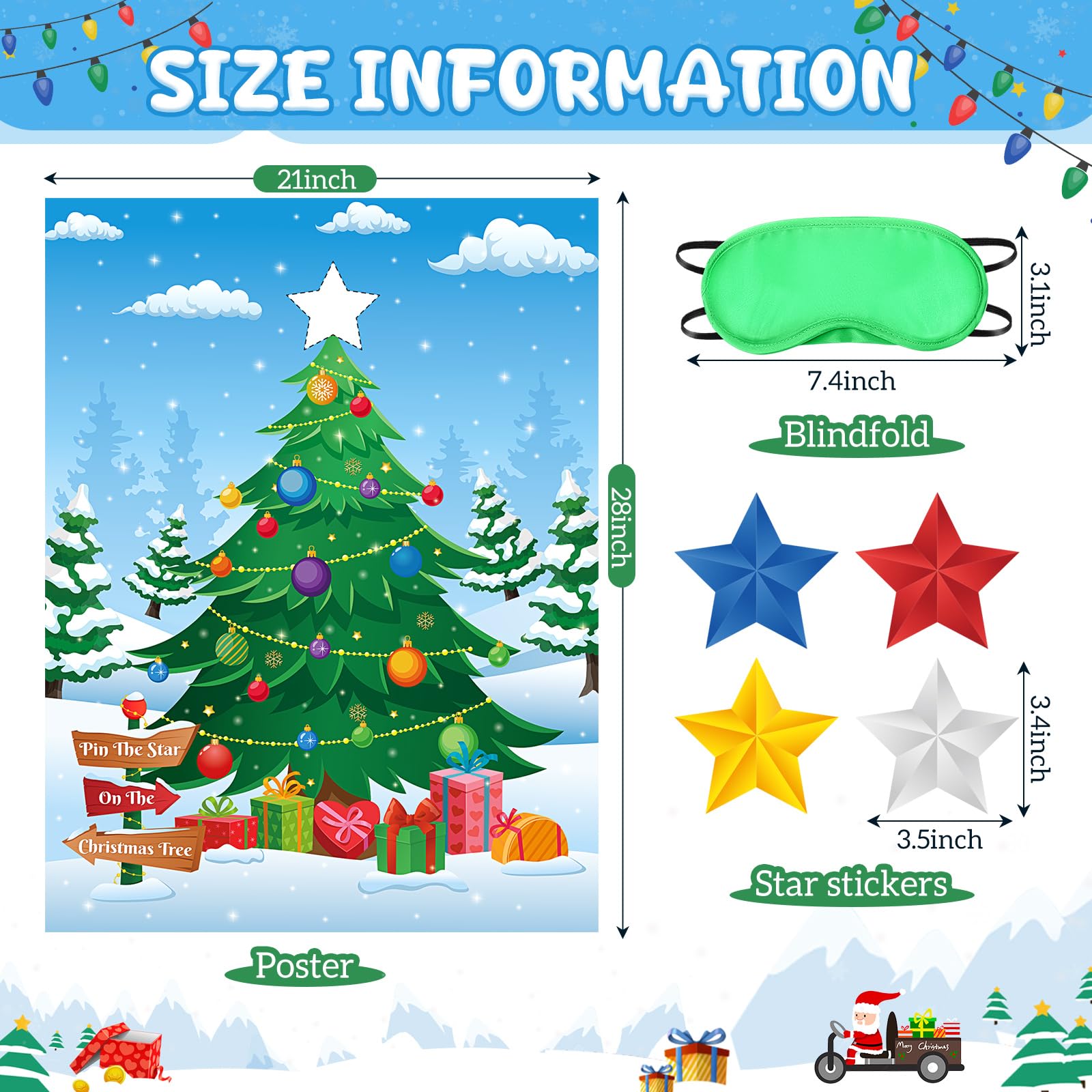 Faccito Pin The Star on The Christmas Tree Game Christmas Games for Party Xmas Games with Large Poster Sticker Blindfold Pin The