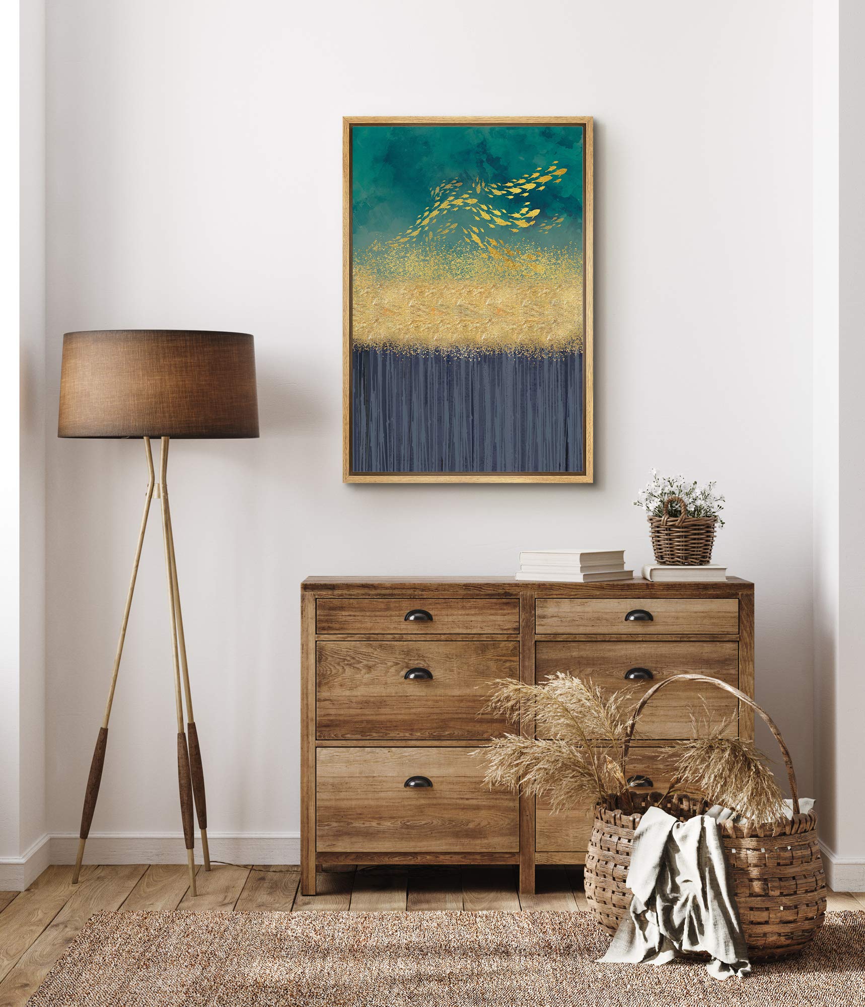 Signford Framed Canvas Print Wall Art Golden Fish Over Dripping Seascape Abstract Wilderness Illustrations Modern Art Contempora