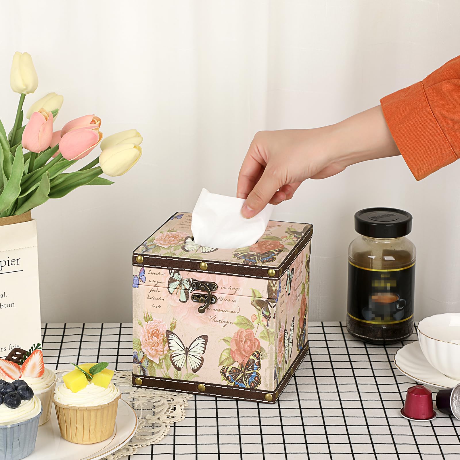 Sumnacon Tissue Box Retro Wood Square Tissue Box Cover Vintage Cube Tissue Box Holder,Decorative Tissue Holder For Bedroom Bathr