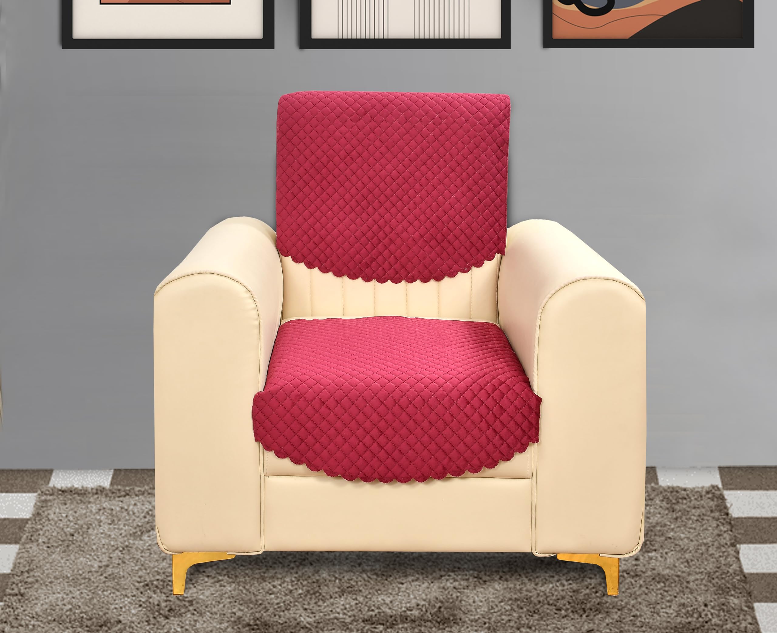 Yellow Weaves 1 Seater Self Design Quilted Sofa Chair Cover, Seat & Back Cover, Color - Cardinal Red