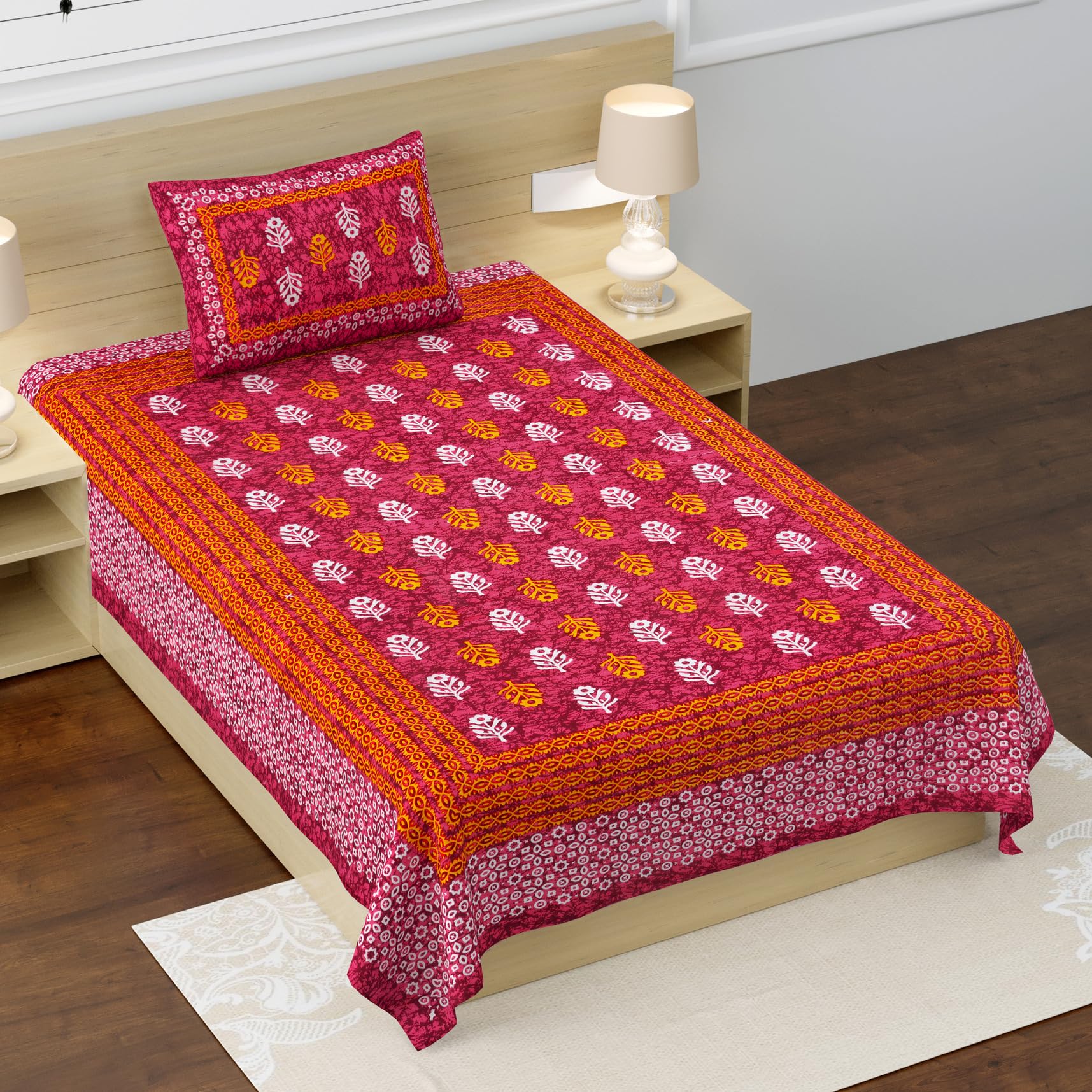 Rajasthanikart Pure 100% Cotton Single Bed Sheet With 1 Pillow Cover (Bedsheet For Single Bed Cotton, Red Small Booty)