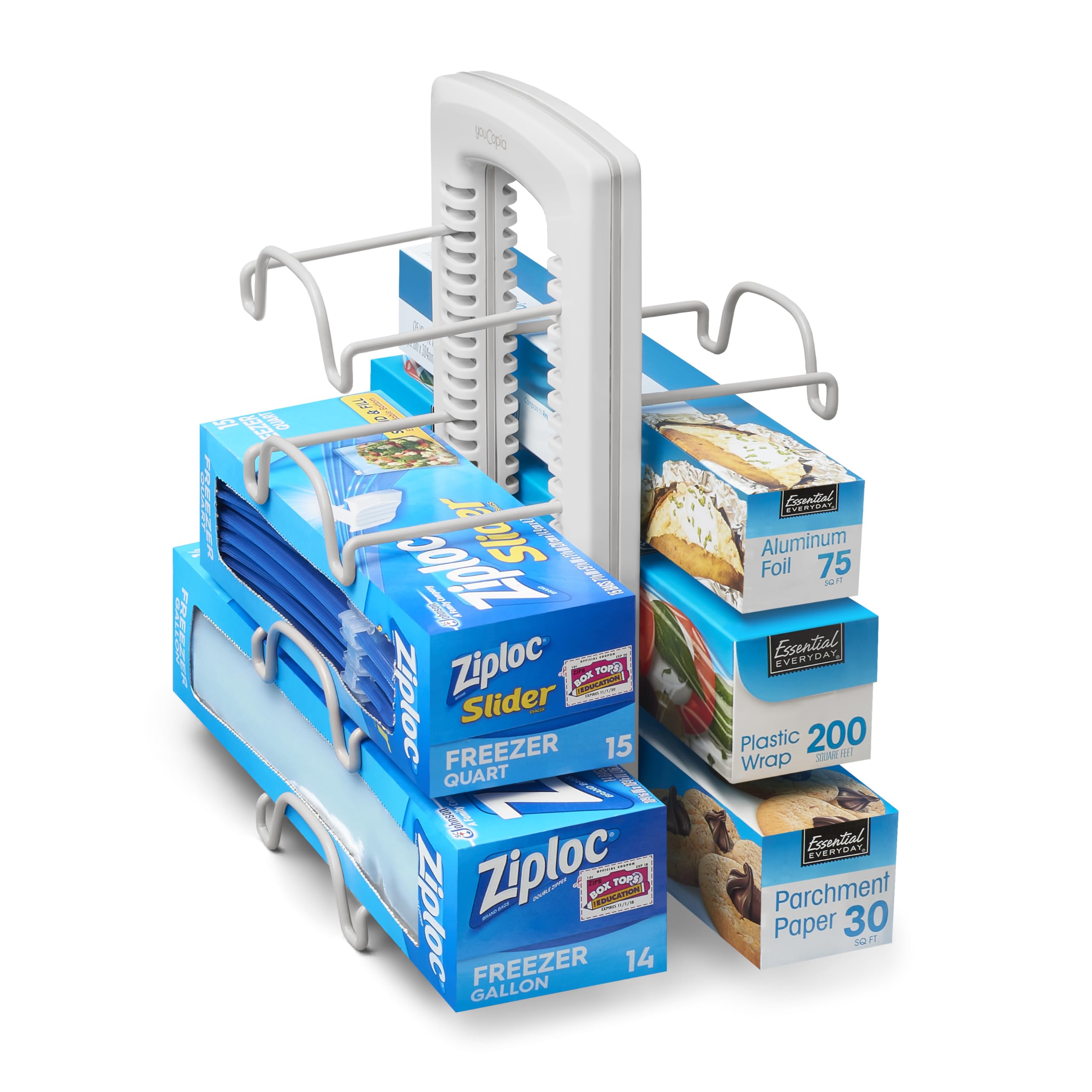 YouCopia WrapStand, Adjustable Kitchen Wrap, Foil and Bag Box Organizer for Kitchen Cabinet and Pantry Storage, White