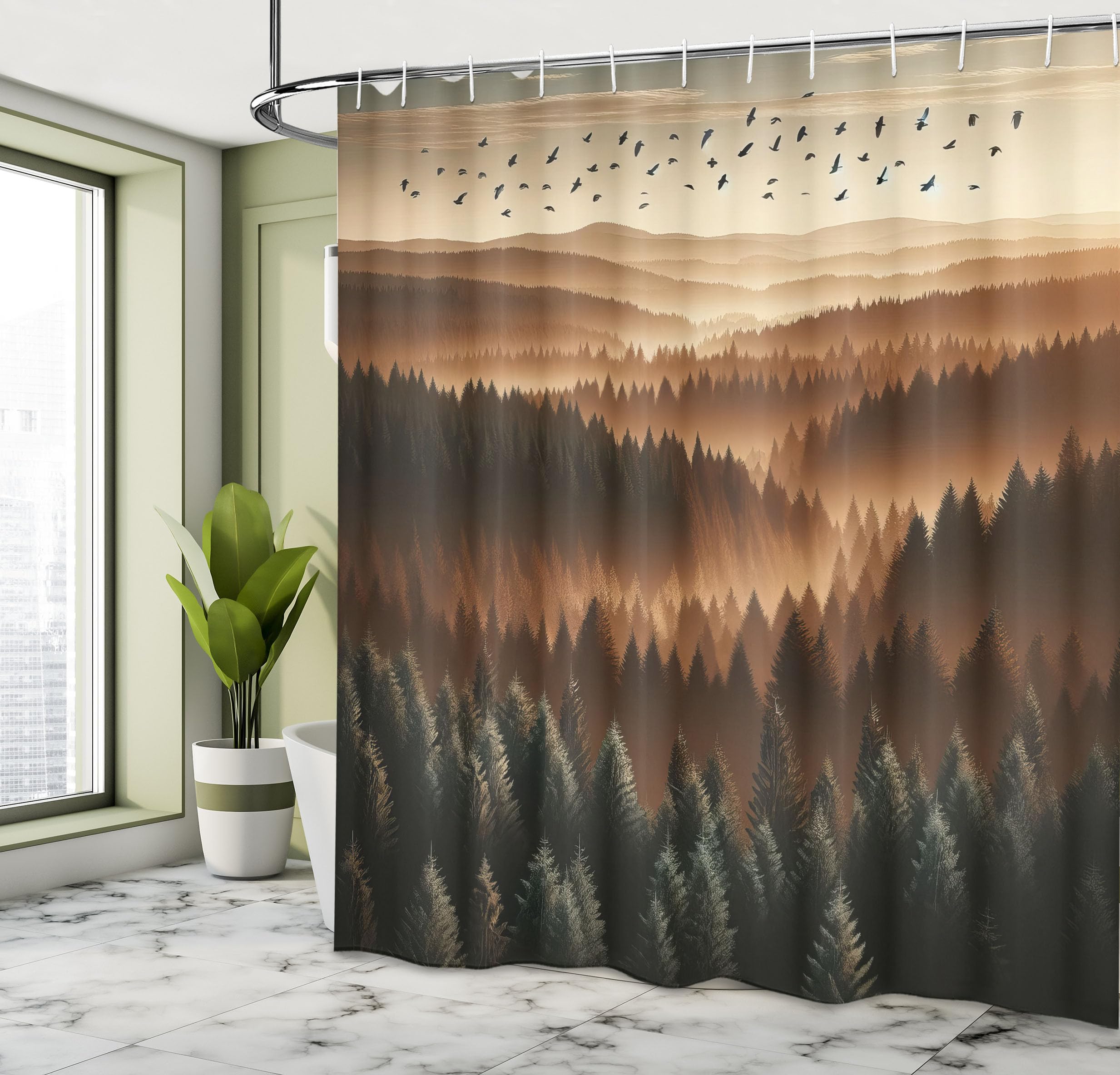 Ambesonne Brown Shower Curtain, Nature Wilderness Landscape Panorama Sunset On Mountain Forest Flying Birds, Cloth Fabric Bathro