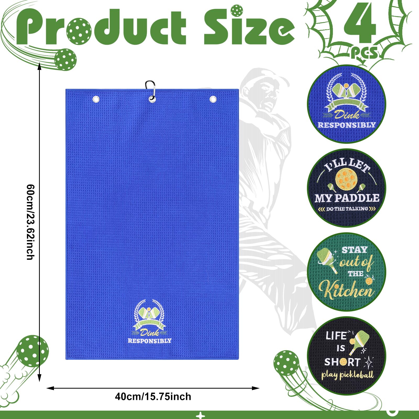 4 Pcs Funny Pickleball Towel Athletic Towels with Grommet Absorbent Embroidered Pickleball Gifts for Men Dinkball Towels Tennis