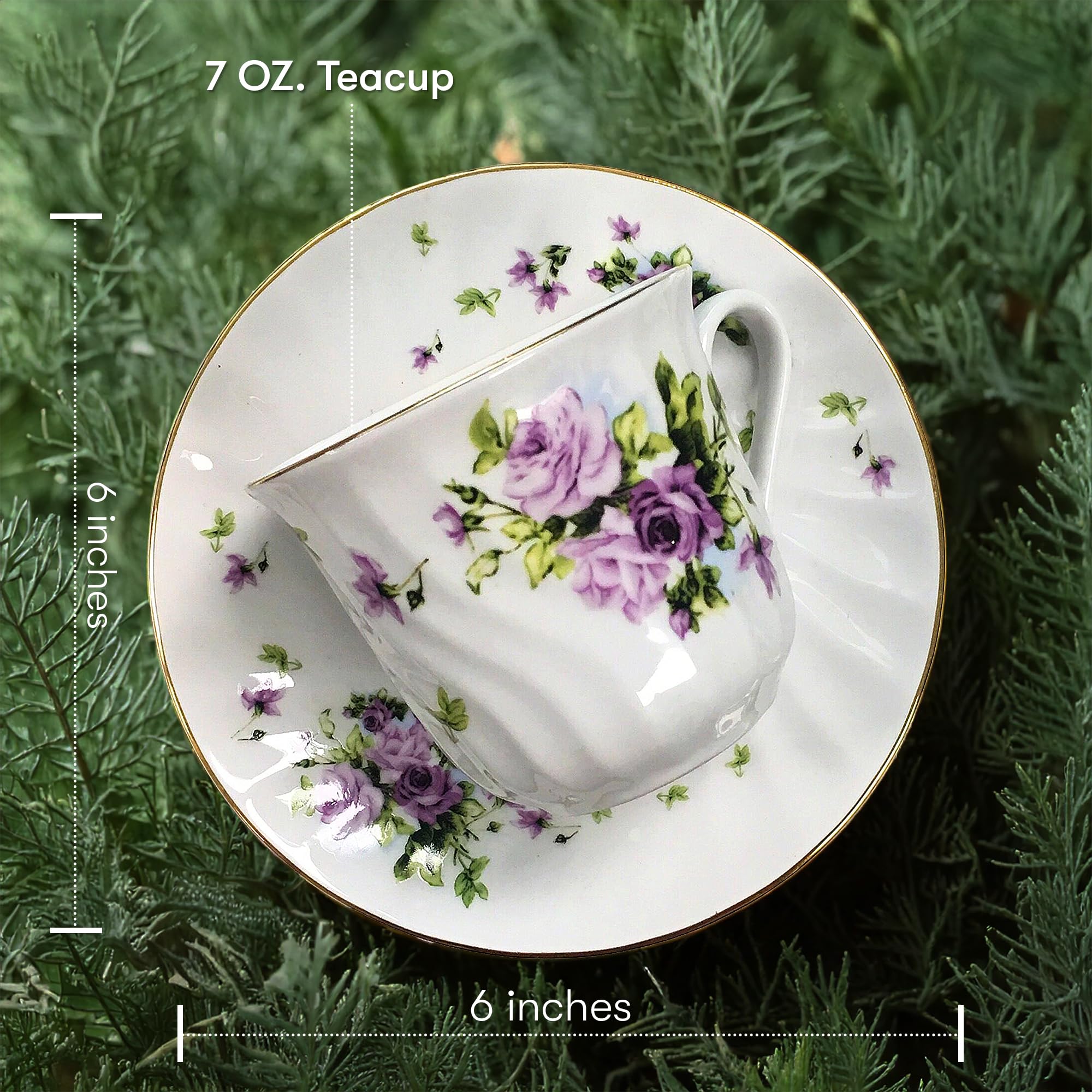Lynns Lucinda Porcelain Tea Cup And Saucer With Gold Trim, Set Of 6; Vintage Floral