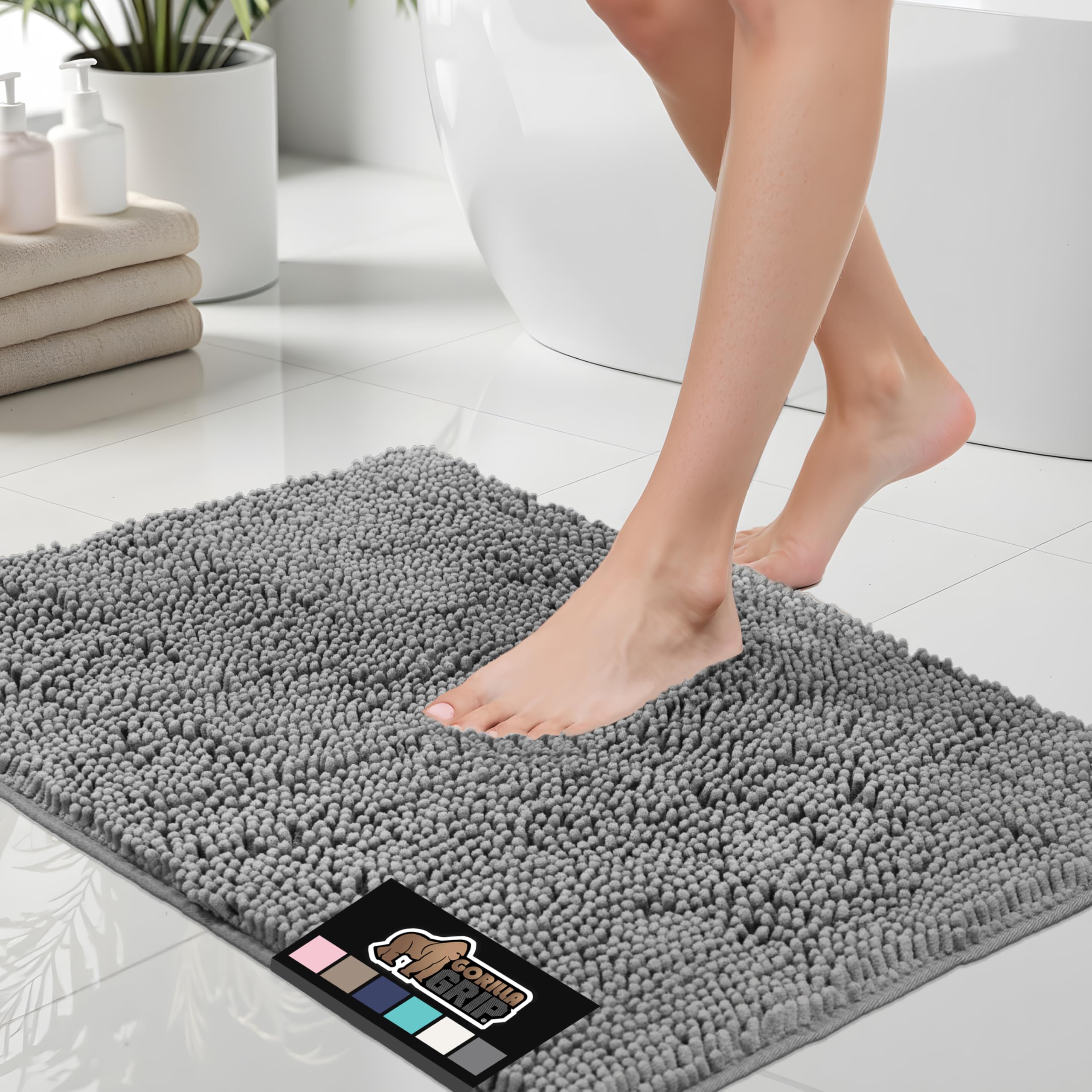GORILLA GRIP Bath Rug Mat - Soft Chenille, Quick Dry, Rubber Backing, 24x17 inches, Grey, Model 811113034536