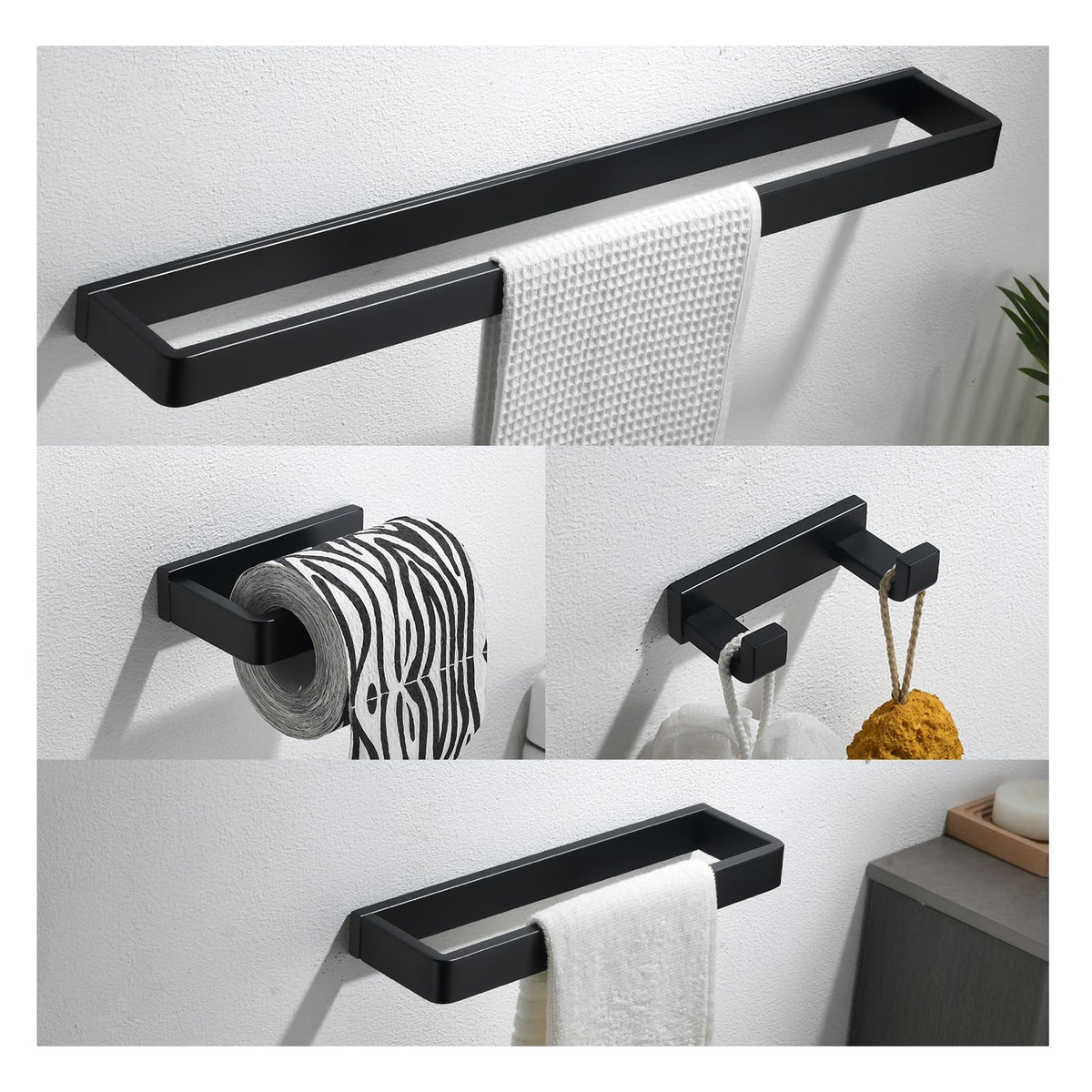 Yacvcl 4-Piece Matte Black Bathroom Hardware Accessories Set, Bath Towel Bar Set Sus304 Stainless Steel, Round Towel Racks For B