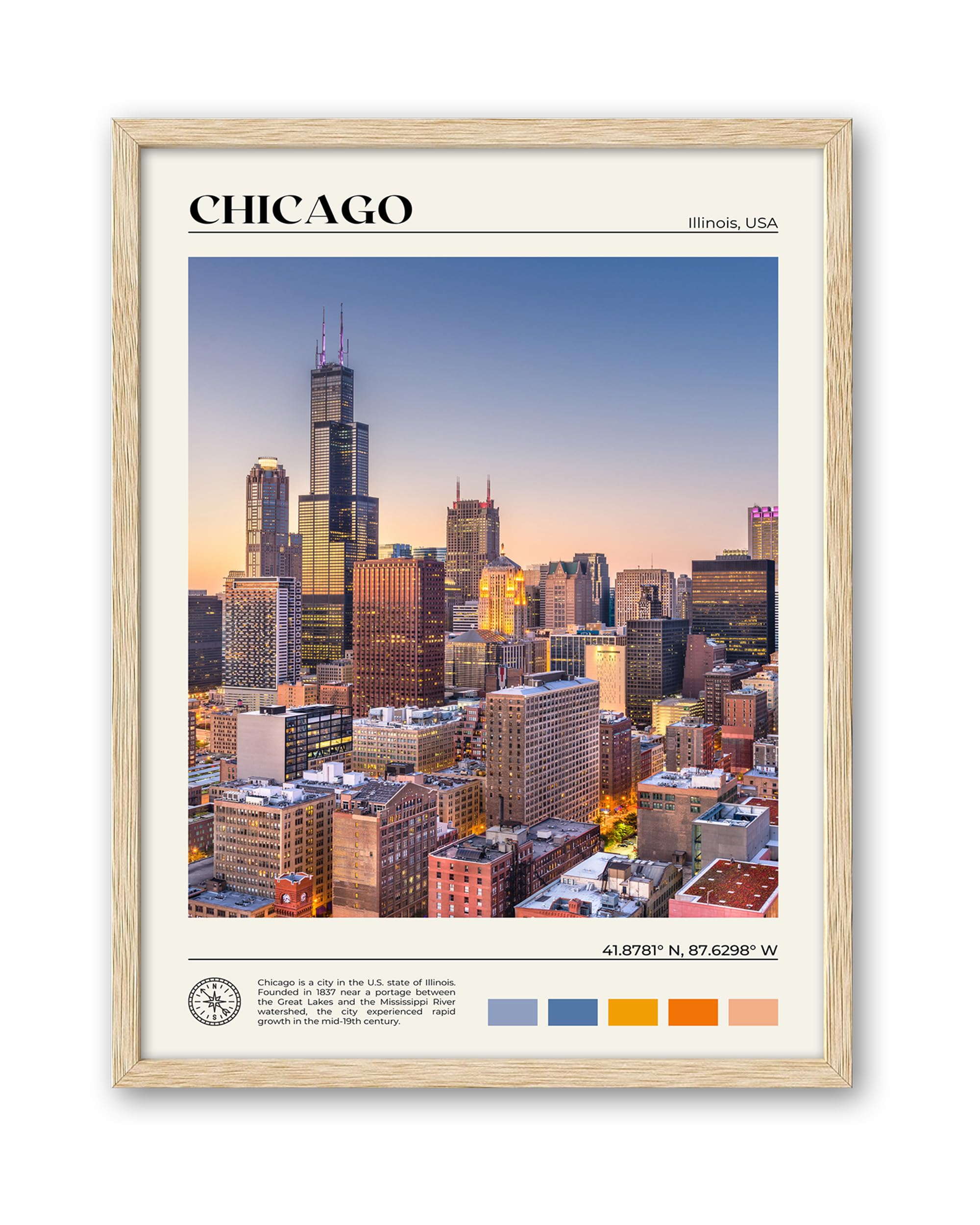 Hesendot Natural Oak Wood Chicago Cityscape Framed Wall Art,12X16In City Skyline Canvas Wall Print,Modern Urban Landmark Wall De