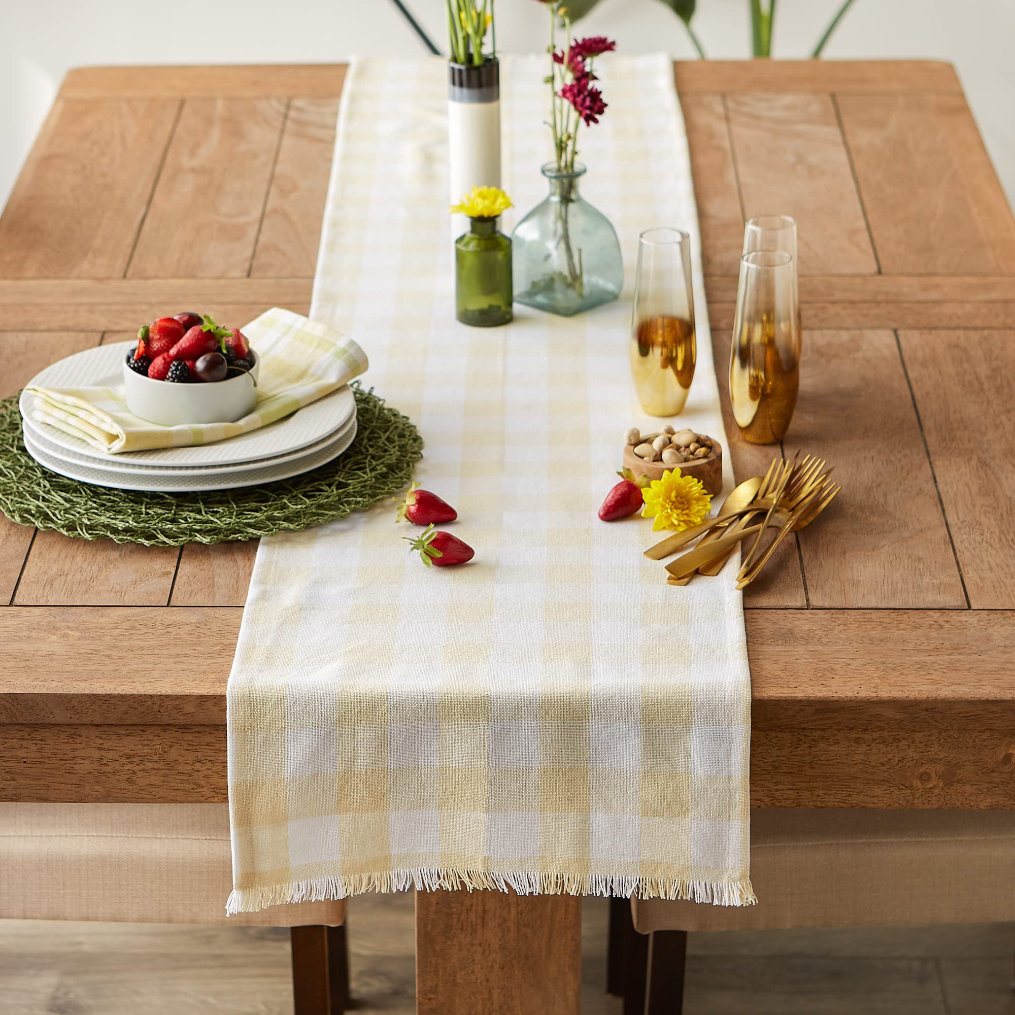 DII Heavyweight Fringed Check Tabletop Collection  Table Runner  14x72  Natural