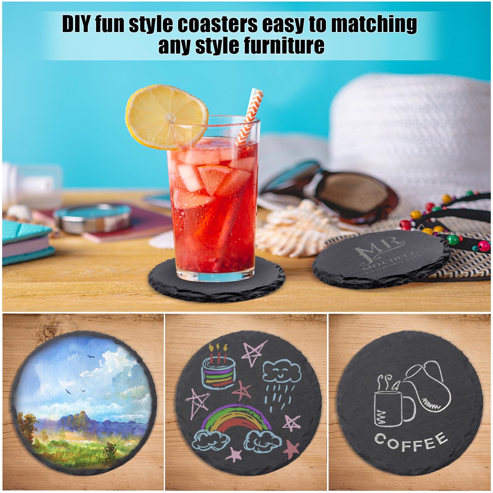 6 Pack Round Slate Drink Coasters, Vibratite 4 Inch Black Slate Stone Coasters Bulk Cup Coasters With Anti-Scratch Bottom For Dr