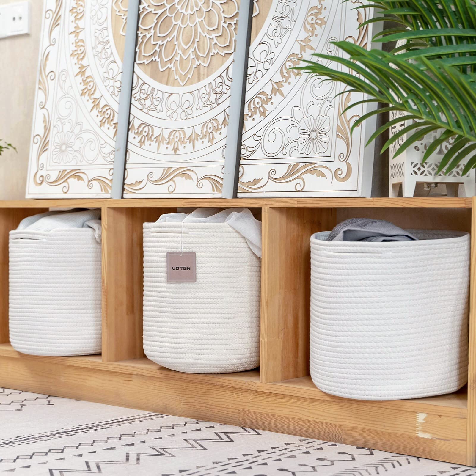 voten Bins Organizer 11x11x11 ' ' Fit 12x12 ' 'Cube Storage Bookcases Shelves Durable Woven Cotton Basket for Organizing Round 3Pack Off White