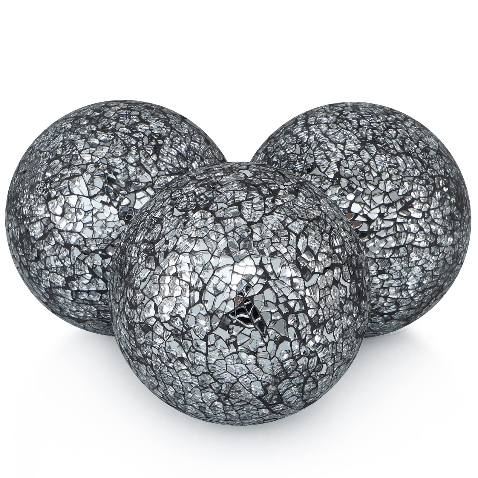 MDLUU 4 Decorative Orbs, Mosaic Sphere Balls, Centerpiece Balls for Bowls, Vases, Dining Table Decor, Pack of 3 (Black Silver)