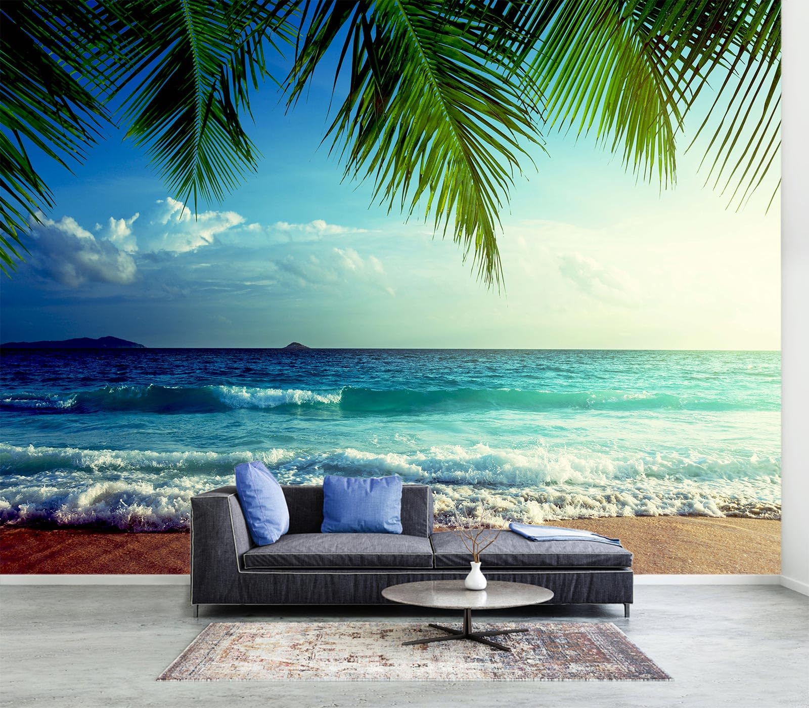WFBHUA-Large Beach Scene Wallpaper Mural Dusk Waves Wall Murals for Bathroom Living Room Bedroom(Not Peel and Stick)