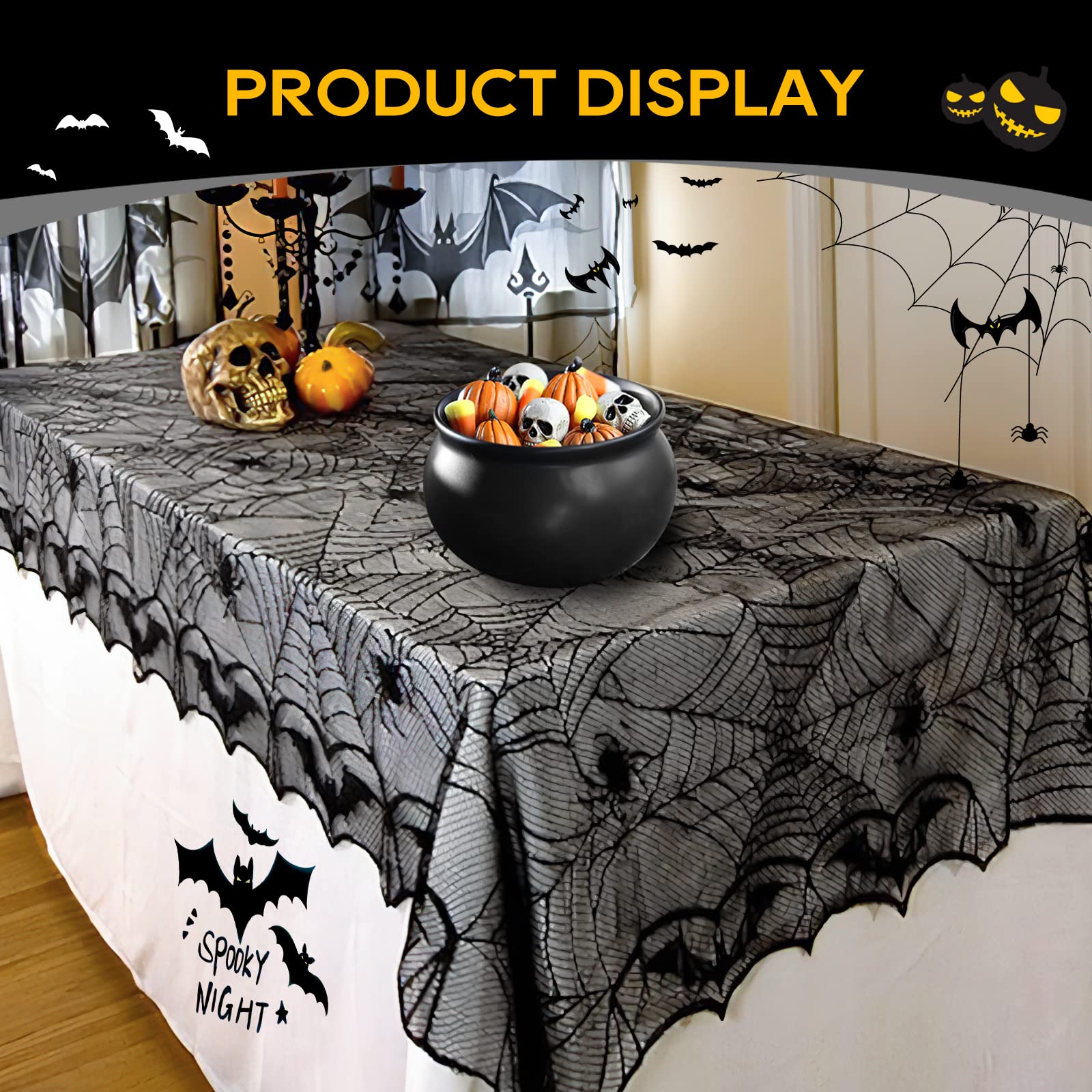 Ezakka Halloween Table Cloth, Spider Web Table Cloth Black Tablecloth Lace Fabric Table Cloths Halloween Table Cover For Rectang
