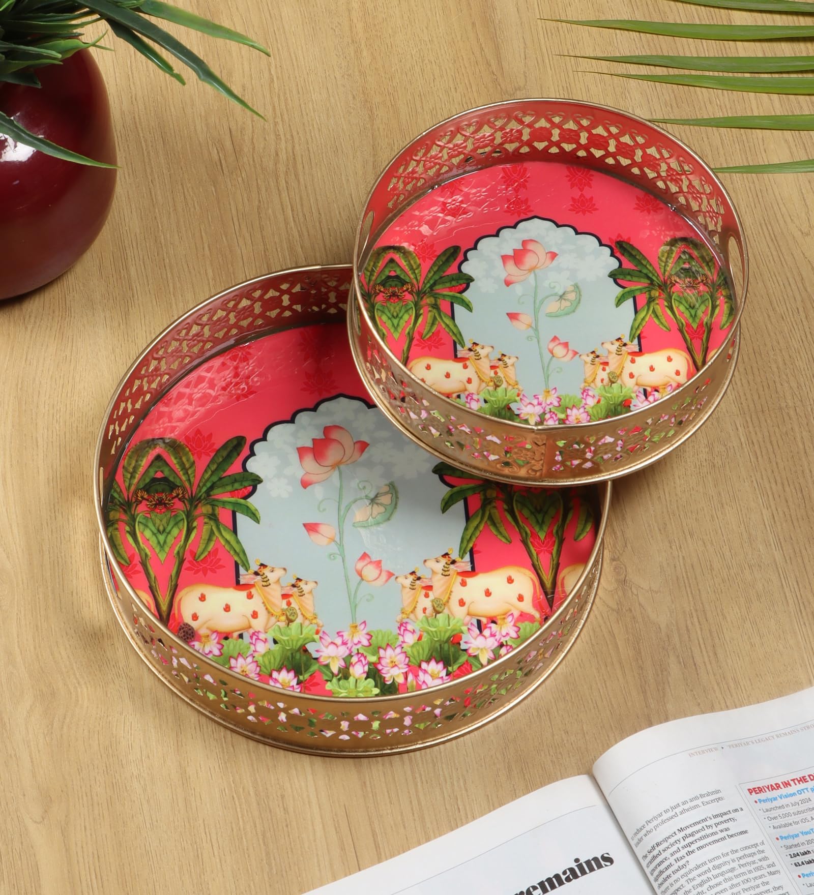 Two Moustaches Ethnic Kamdhenu Cows Design Serving Trays Set (8 Inches & 10 Inches), Serving Trays For Home Decor, Platters For 