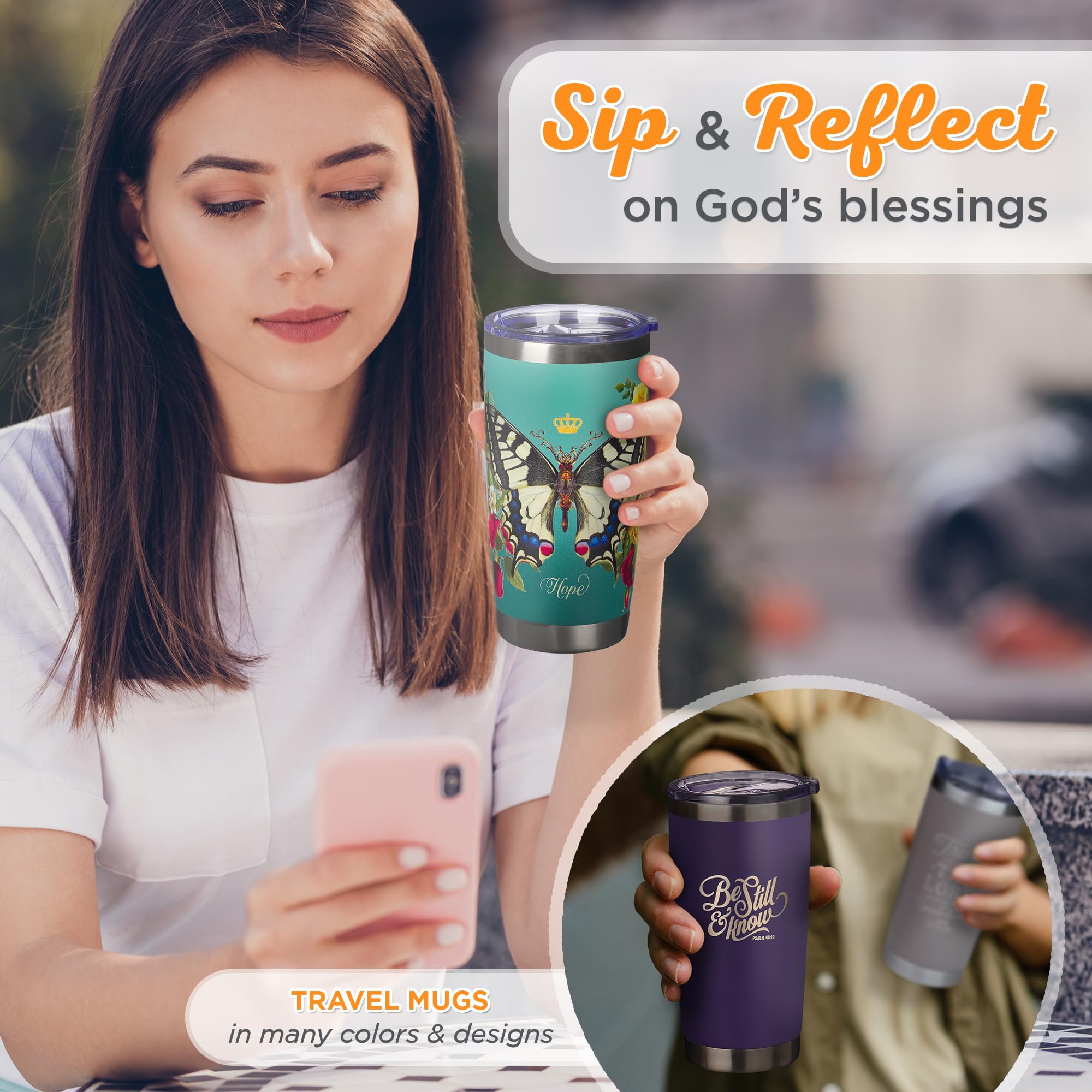 Christian Art Gifts Stainless Steel Double Wall Vacuum Insulated Tumbler 18 Oz Butterfly Teal Bpa-Free Travel Mug With Retractab