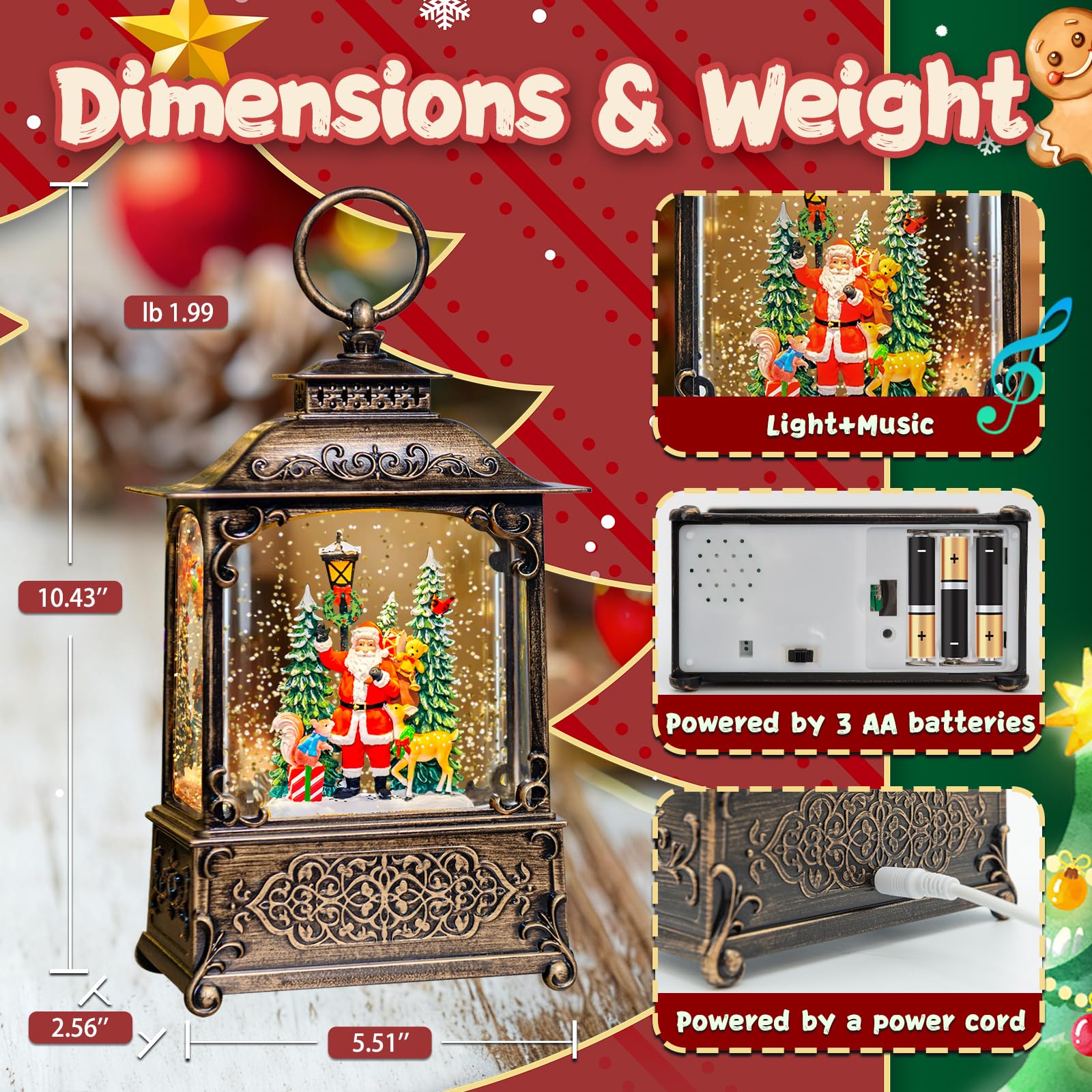 Christmas Snow Globes Lantern, Santa Claus Squirrel & Deer Christmas Decorations Indoor, 6H Timer Battery & USB Powered Light Up