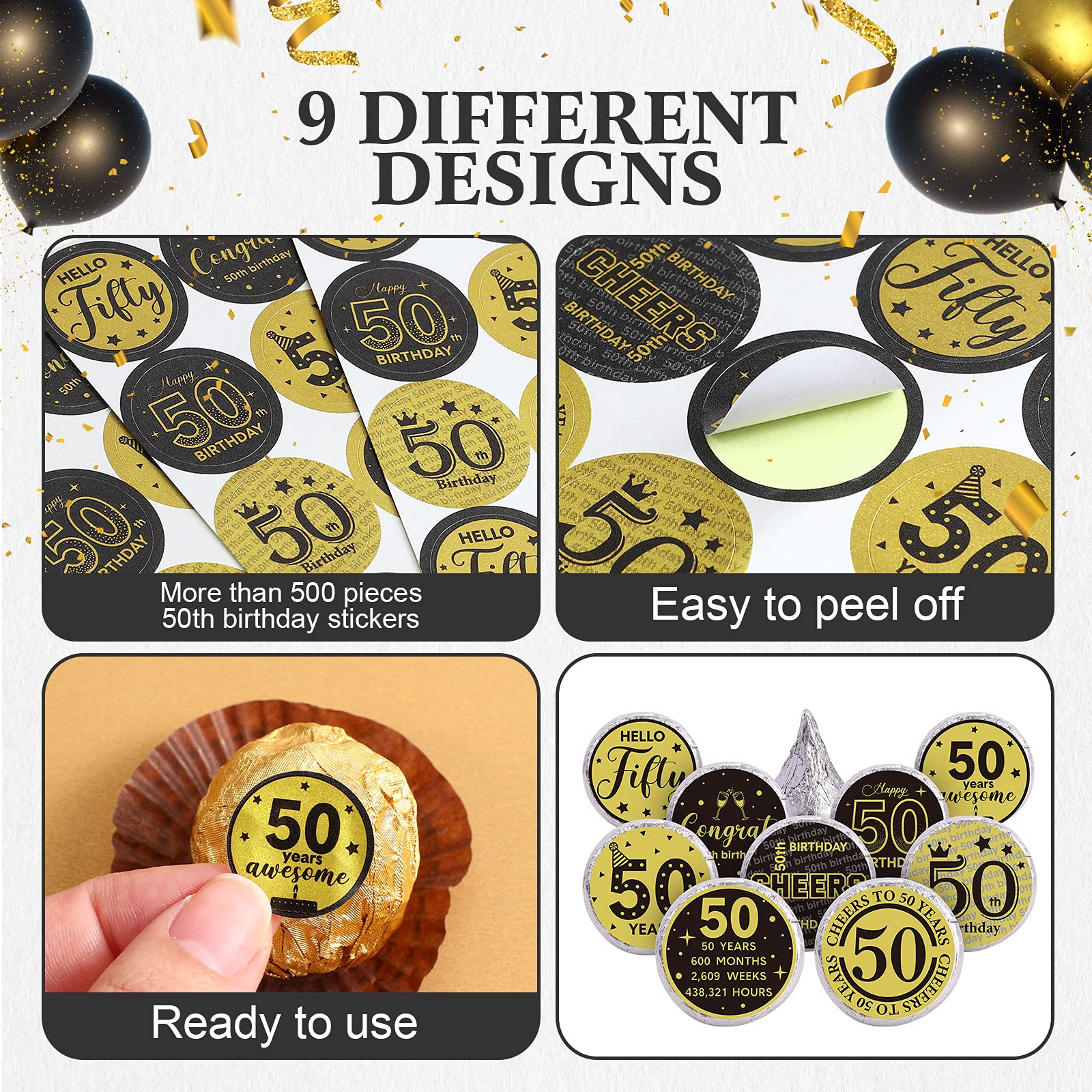 Tenare 504 Pieces Black and Gold 50th Birthday Party Favor Stickers Cheers to 50th Label Stickers Round Mini Chocolate Candy Wrappers for 50th Happy Birthday Party Decor
