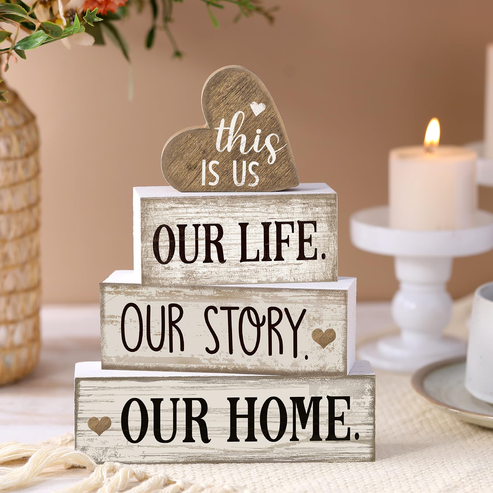 Conelist 4 Pcs Wooden Farmhouse Tabletop Decor Farmhouse Tiered Tray Decor Our Home Centerpiece Wooden Heart Rustic Decorative B