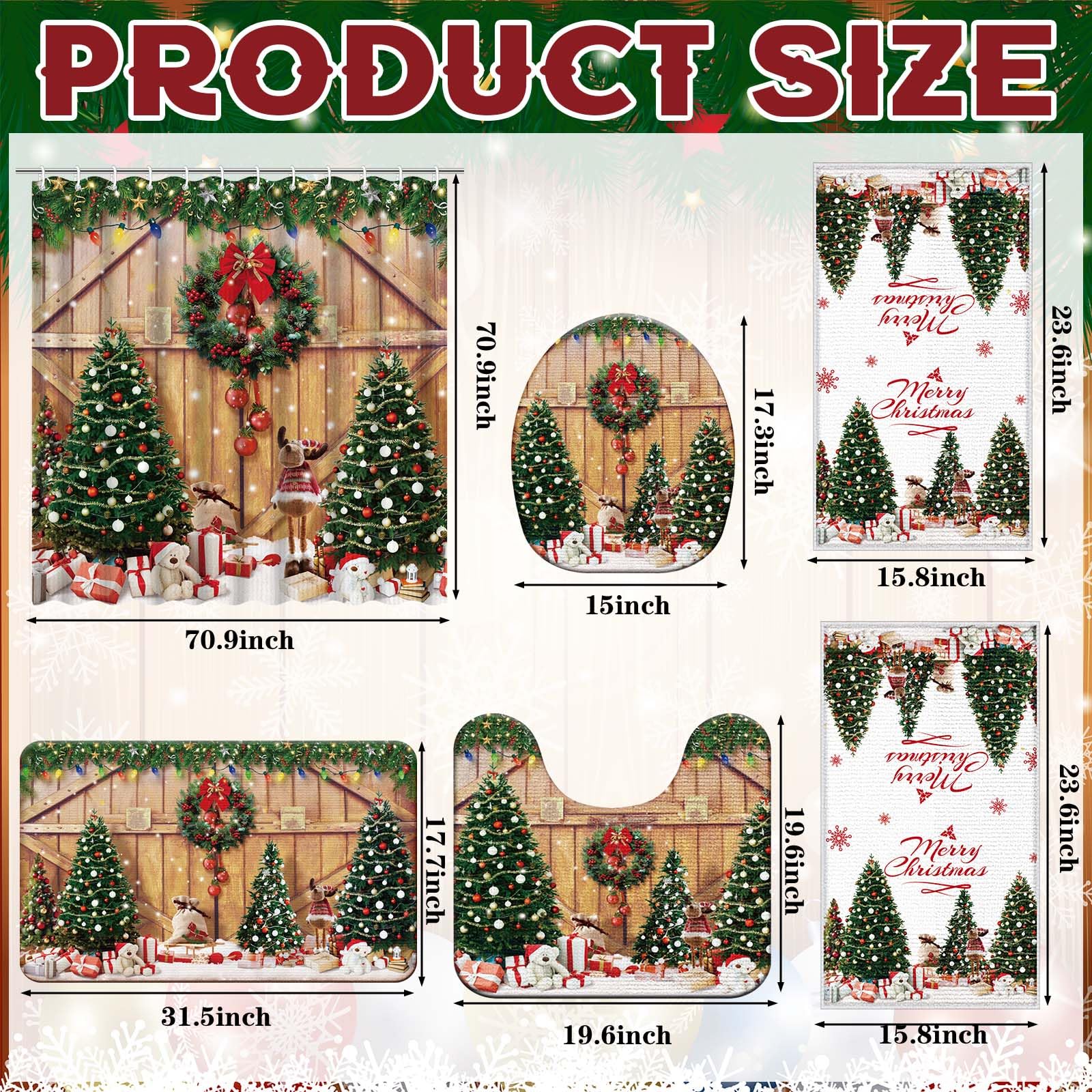Nuanchu 6 Pcs Christmas Shower Curtain Set with Rug Bathroom Sets with Shower Curtain Bath Mat U Shaped Mat Toilet Lid Cover 2 B