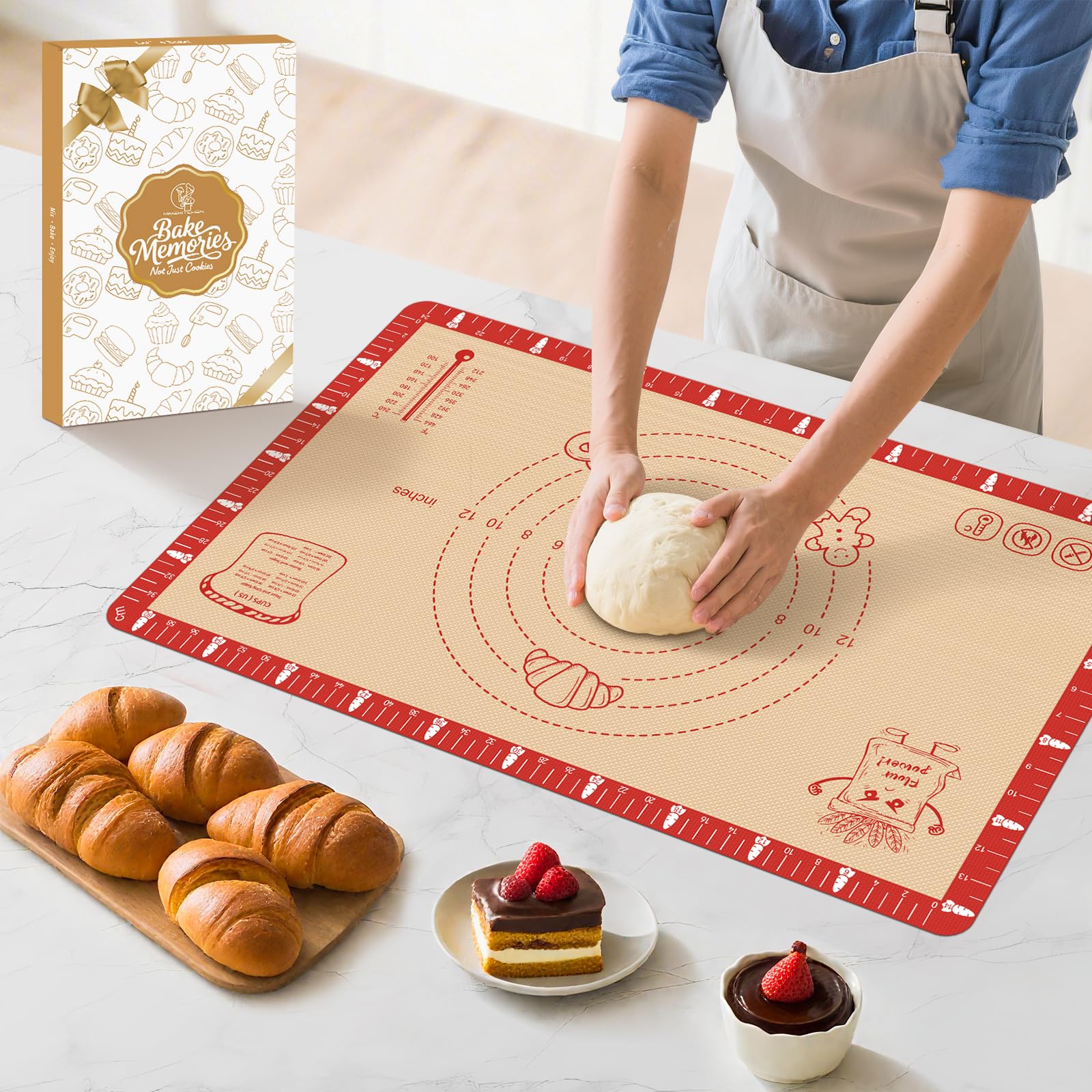 Extra Thick Silicone Baking Mat with Recipes - 26x16 inch Non Stick Pastry Mat with Measurements for Sourdough, Macarons, Bread,