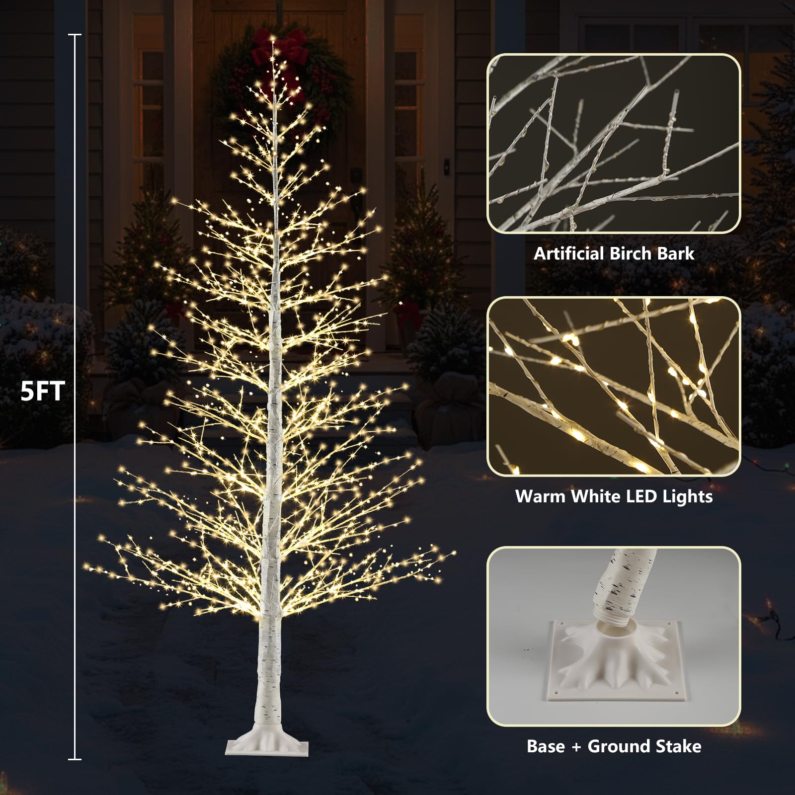 5FT Lighted Birch Tree with 800 Warm White LEDs, Prelit Christmas Tree with Twinkle Lights, LED Birch Tree with Timer & Brightne