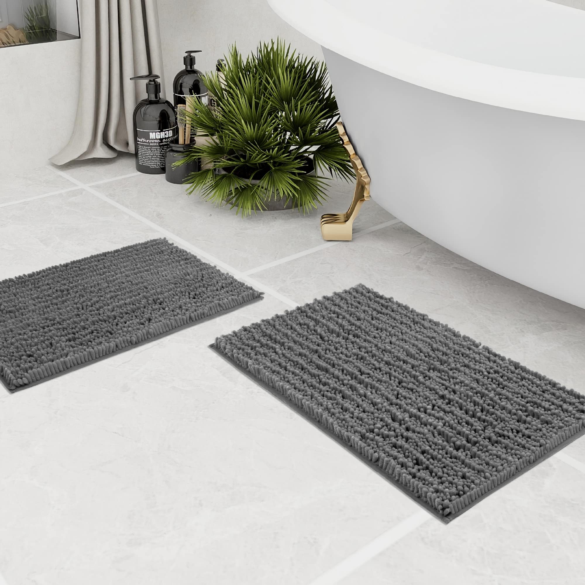 Walensee Bathroom Rug 2 Pieces Set Non Slip Bath Mat (17X24 Plus 20X32 Inch Grey/Gray) Water Absorbent Super Soft Shaggy Chenill