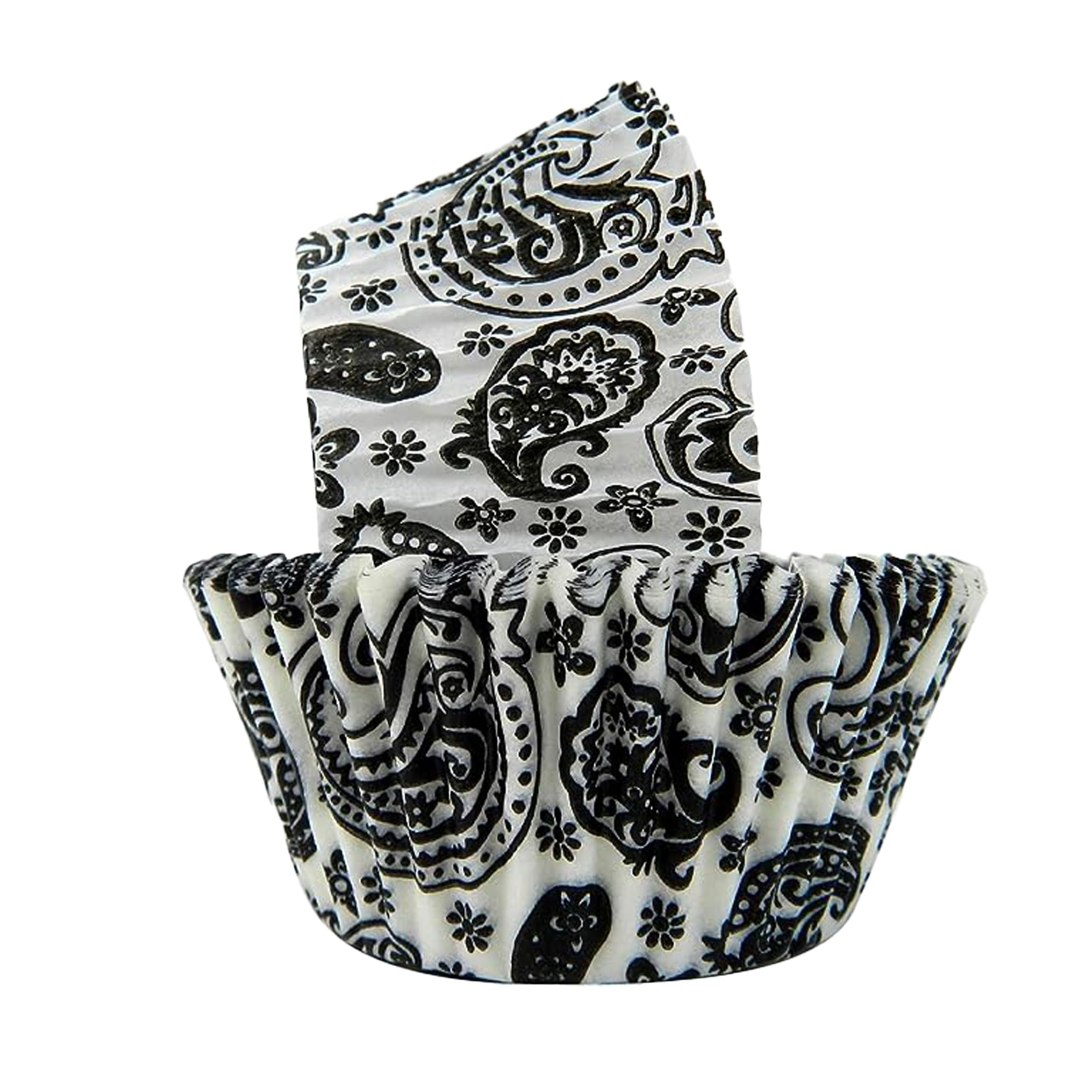 Regency Wraps Greaseproof Professional Grade Baking Cups, Pack of 40, Standard Liners, Black/White Paisley, for Cupcakes, Muffin