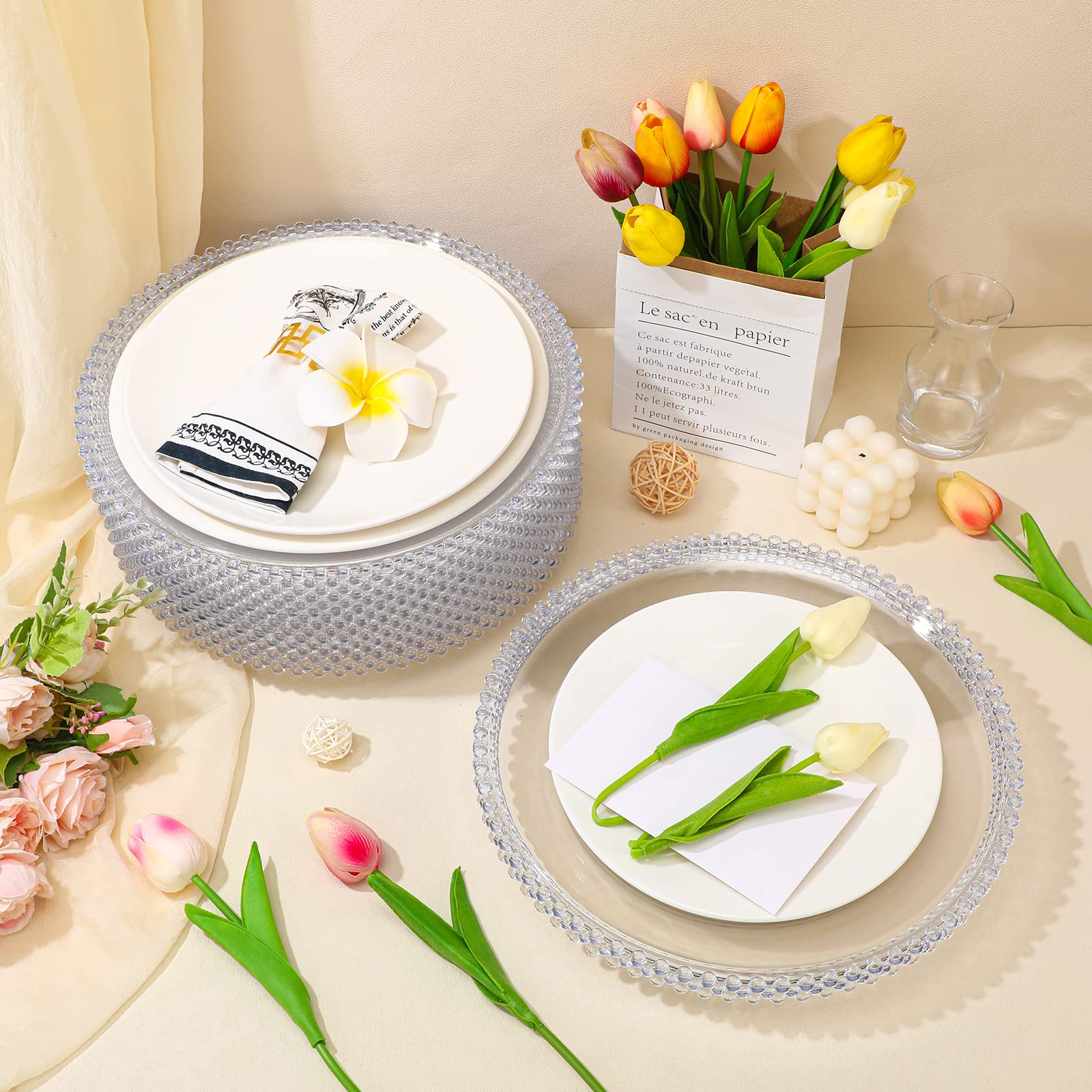 18 Pcs Clear Charger Plates With Beaded Rim 13 Inch Plastic Acrylic Round Dinner Plate Chargers Decorative Plates For Home Kitch