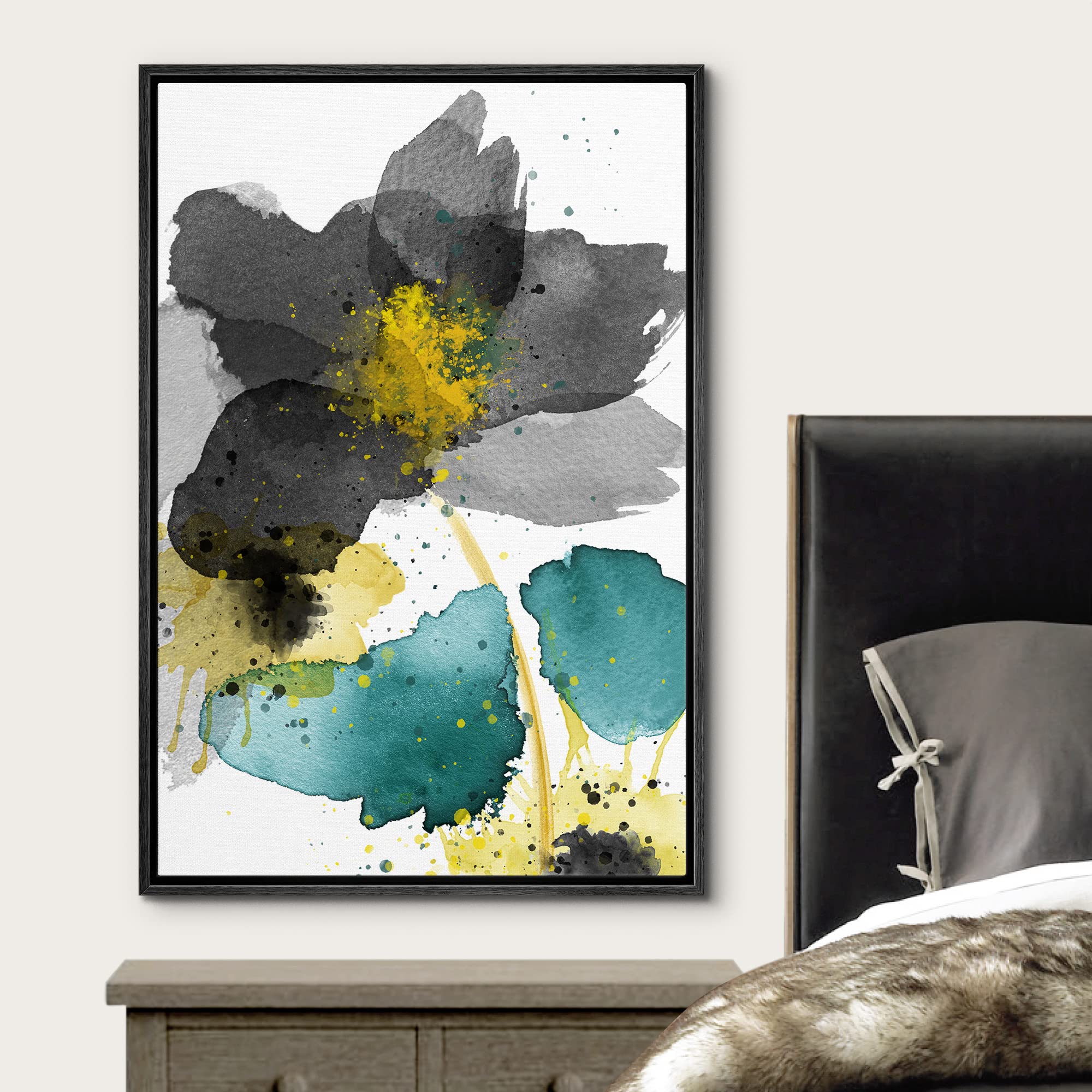 Wall26 Framed Canvas Print Wall Art Watercolor Explosion Black & Green Daisies Floral Botanical Illustrations Minimalism Glam Mu