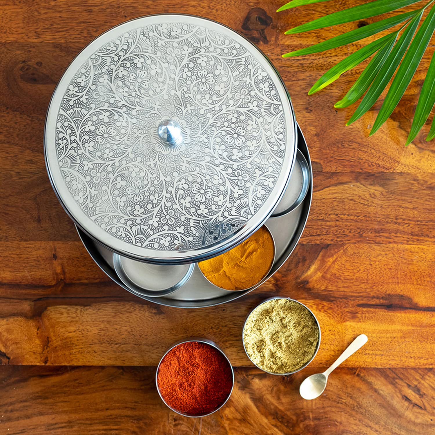 Exclusivelane Floral HandEtched Steel Spice Box For Kitchen With Spoon (Stainless Steel, 7 Containers, Each Container : 100 G